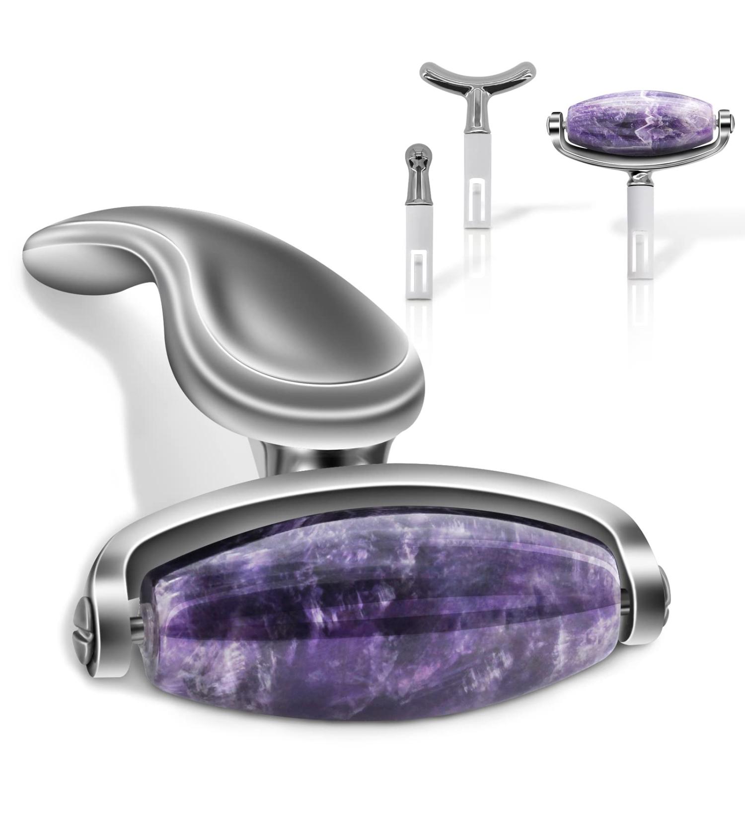 Jade Facial Roller - 3-in-1 Massager for Women | Reduce Puffiness & Wrinkles | Purple Crystal & Silver Black Handle - Buy Online on GoSupps.com