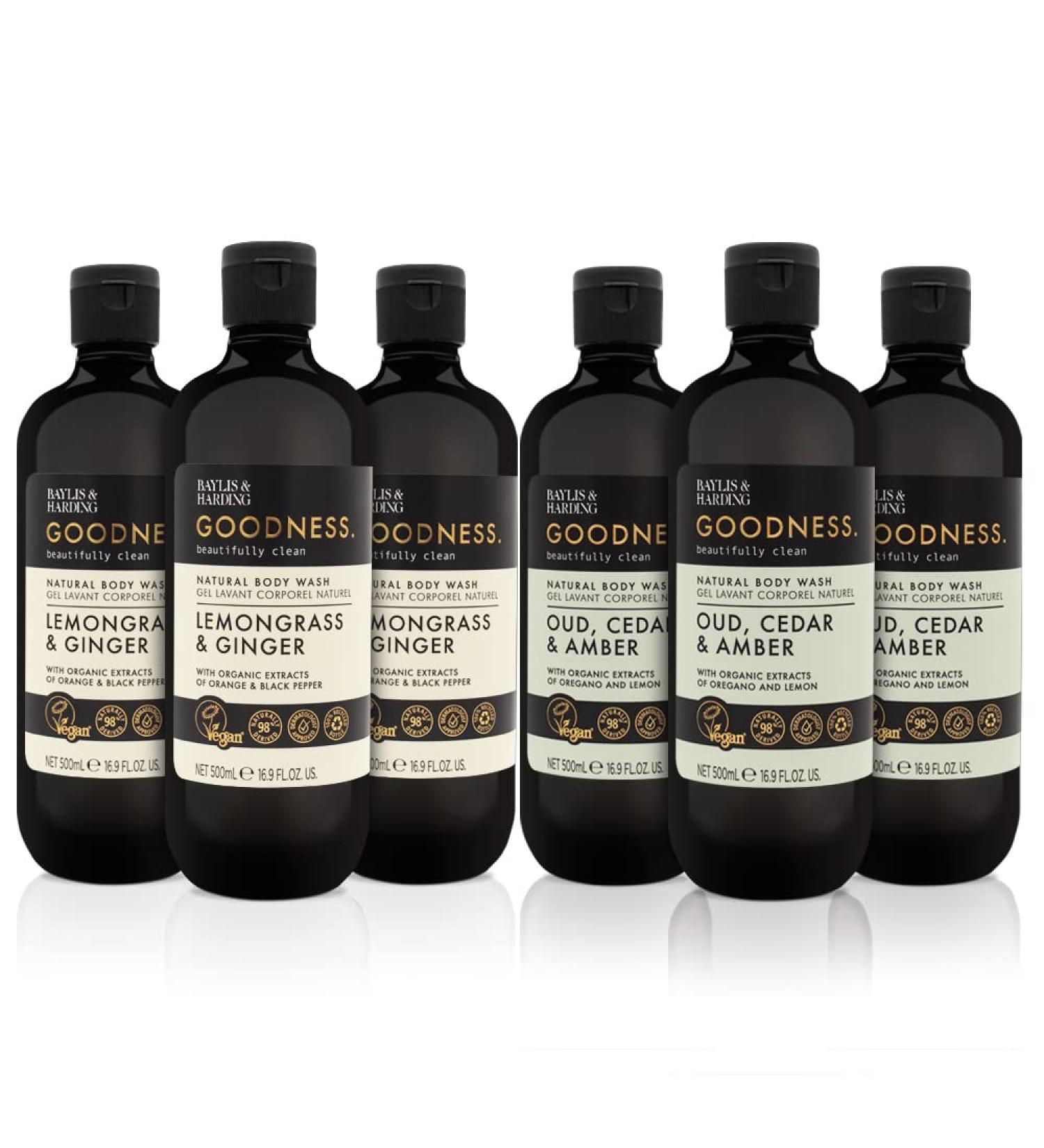 Baylis & Harding Goodness Body Wash Bundle - 6 x 500ml Vegan Friendly Body Wash (Lemongrass & Ginger, Oud Cedar & Amber) - Buy Online on GoSupps.com