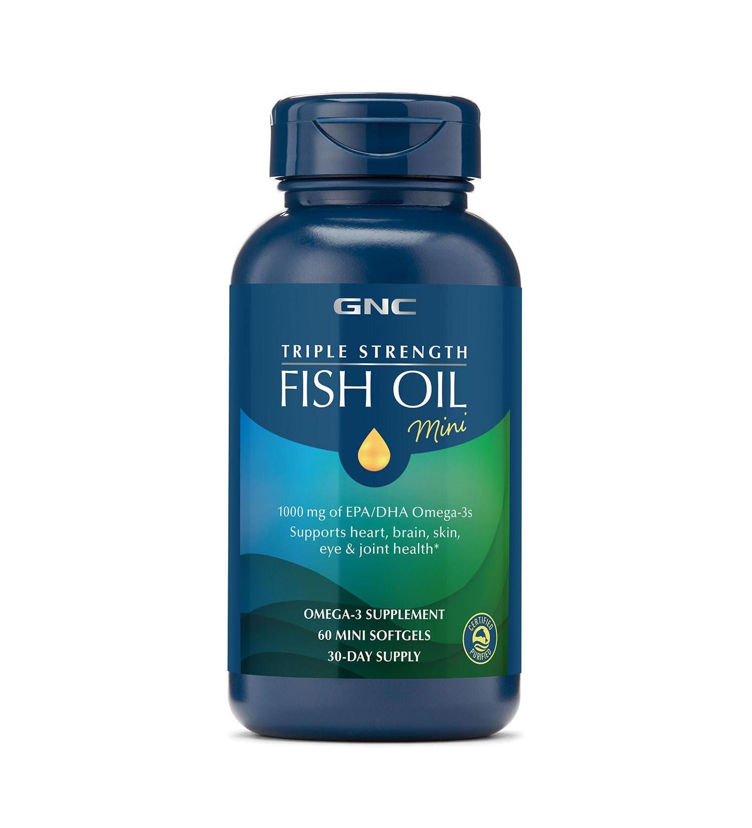 GNC Triple Strength Fish Oil Mini Omega 3 Supplement 1000mg EPA and DHA Supports Heart Brain Skin Eye and Joint Health 60 Mini Softgels 60 Count (Pack of 1) - Buy Online on GoSupps.com