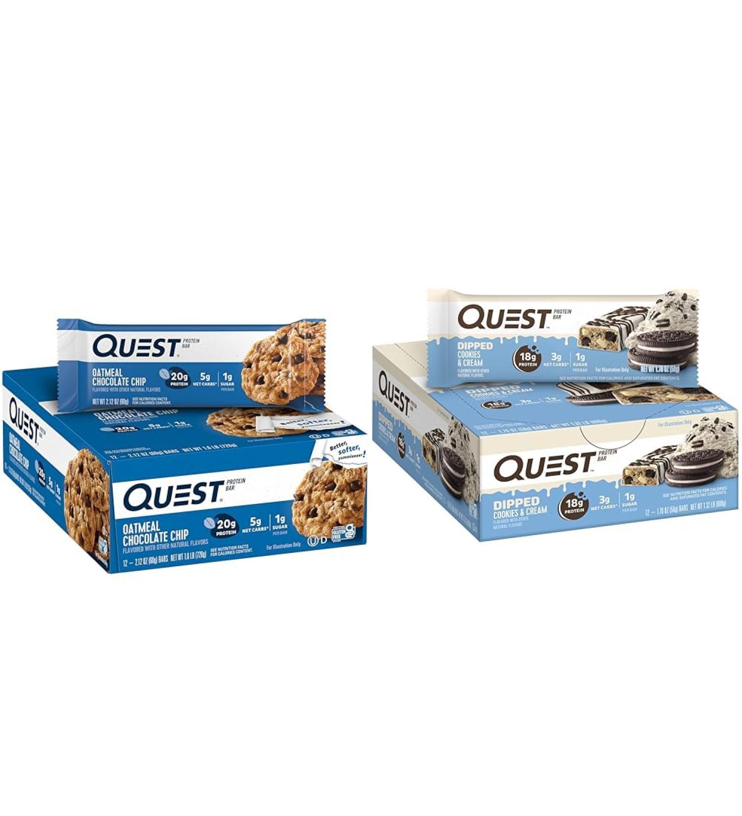Quest Protein Bar Bundle with Oatmeal Chocolate Chip and Dipped Cookies & Cream Bars High Protein Gluten Free 12 Count Each - Buy Online on GoSupps.com
