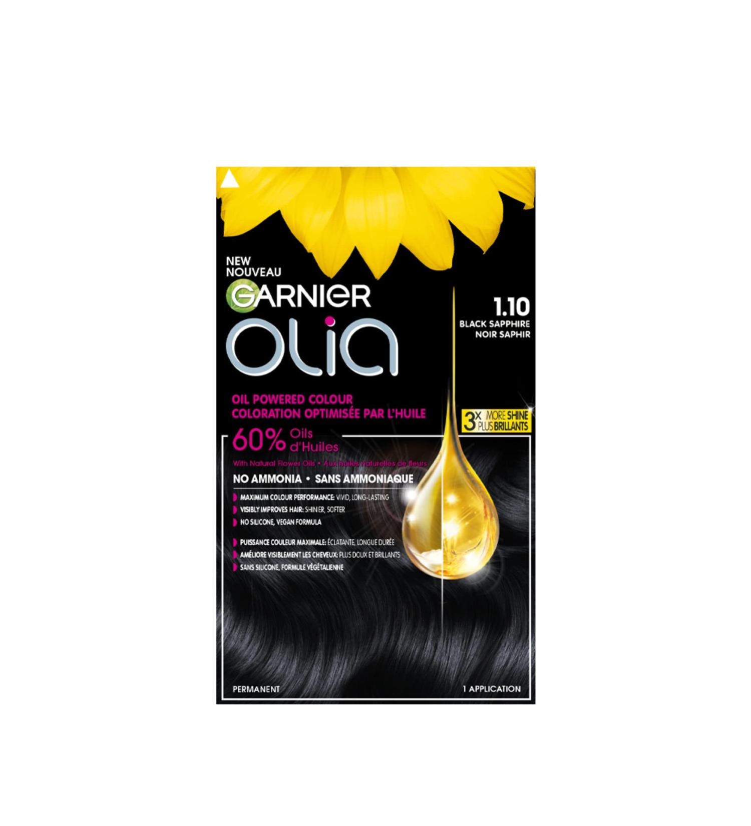 Garnier Olia Permanent Hair Dye Ammonia-Free Hair Color 1.10 Black Sapphire Long-Lasting Hair Shine With 60% Oils 1 Application BLACK SHADES 1.10 Black Sapphire - Buy Online on GoSupps.com
