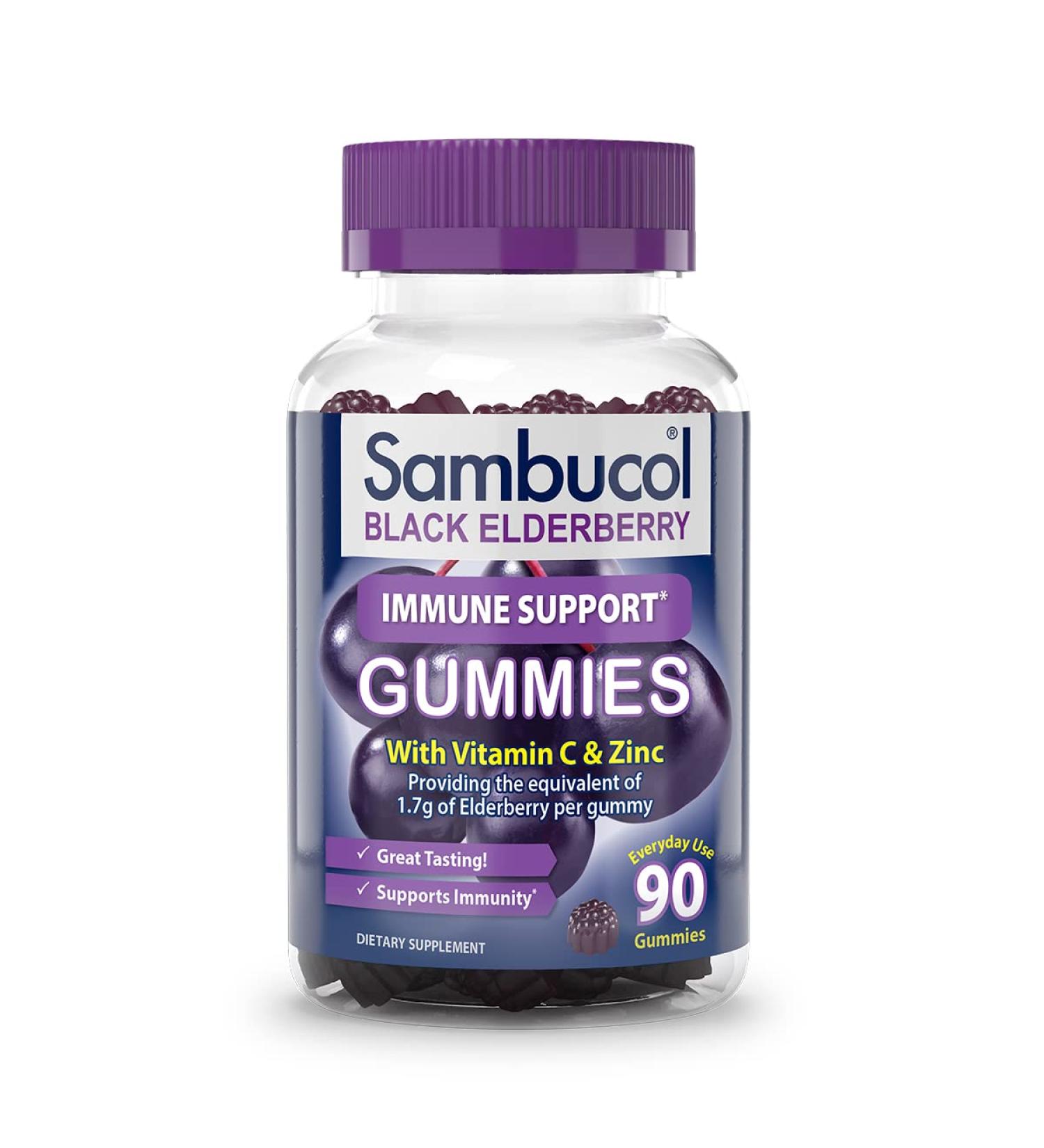 Sambucol Black Elderberry Gummies with Vitamin C & Zinc - Immune Support with High Antioxidants | Gluten Free & Vegan Elderberry Gummies for Adults - 90 Count - Buy Online on GoSupps.com