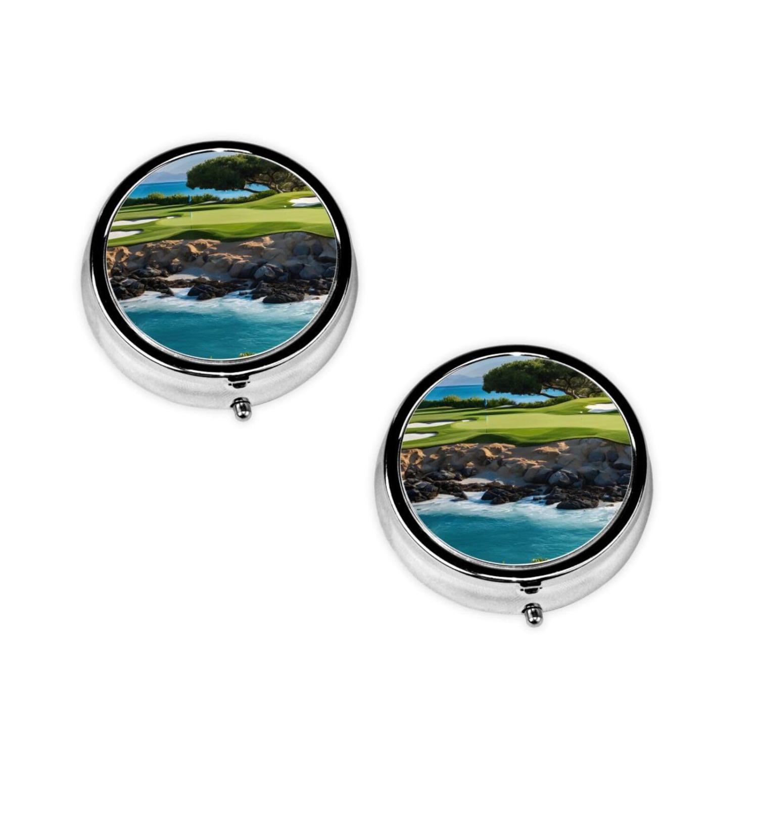 Hawaii Beach Golf Course Mini Round Pill Box | 3 Compartment Travel Pill Organizer | Portable Medicine Case for Home & Office - Buy Online on GoSupps.com