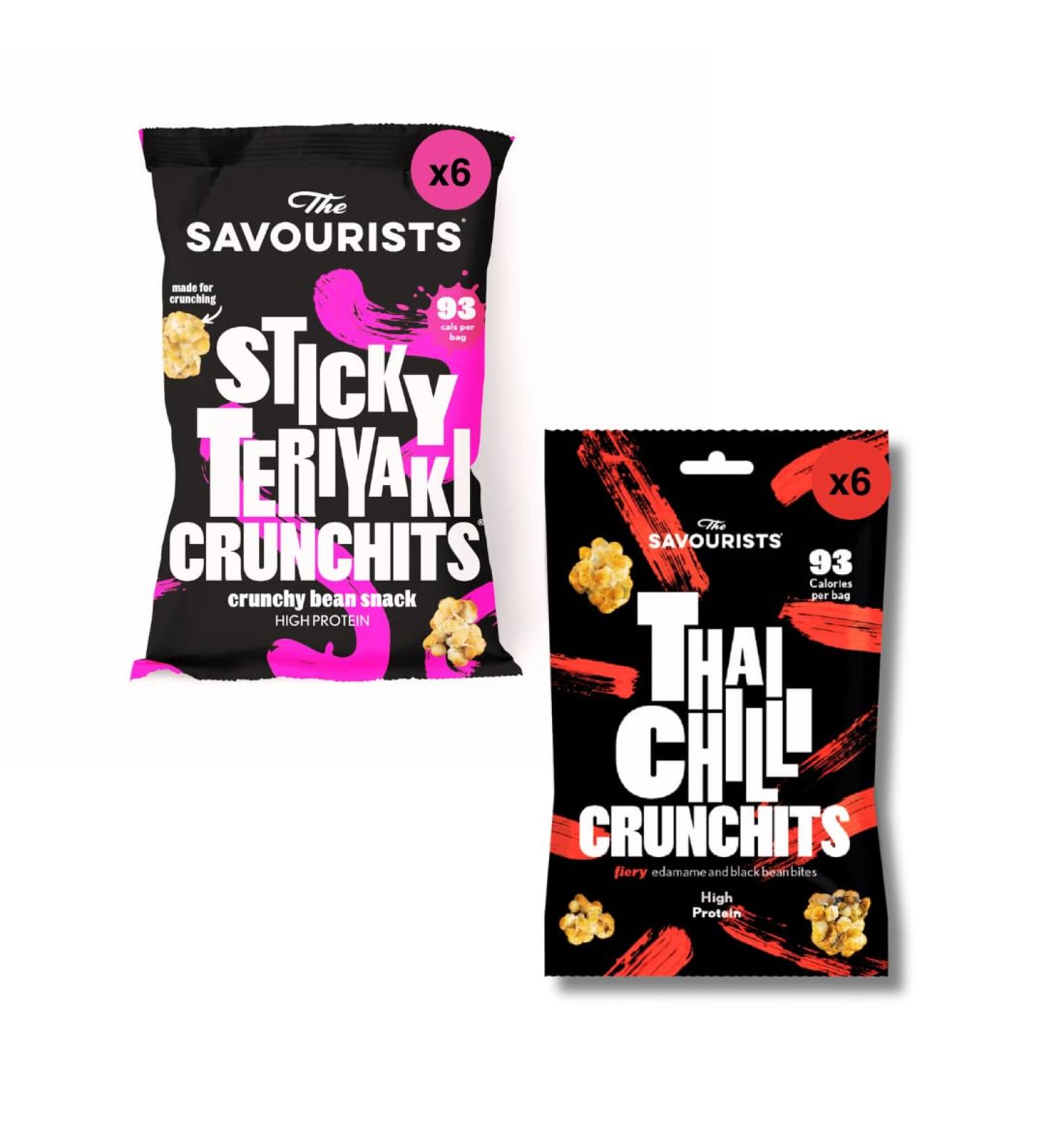 The Savourists Savoury Healthy Snacks | Low Calorie | High Protein | Vegetarian | High Fibre | Gluten Free | Thai Chilli & Teriyaki Crunchits Variety Pack (12x25g)