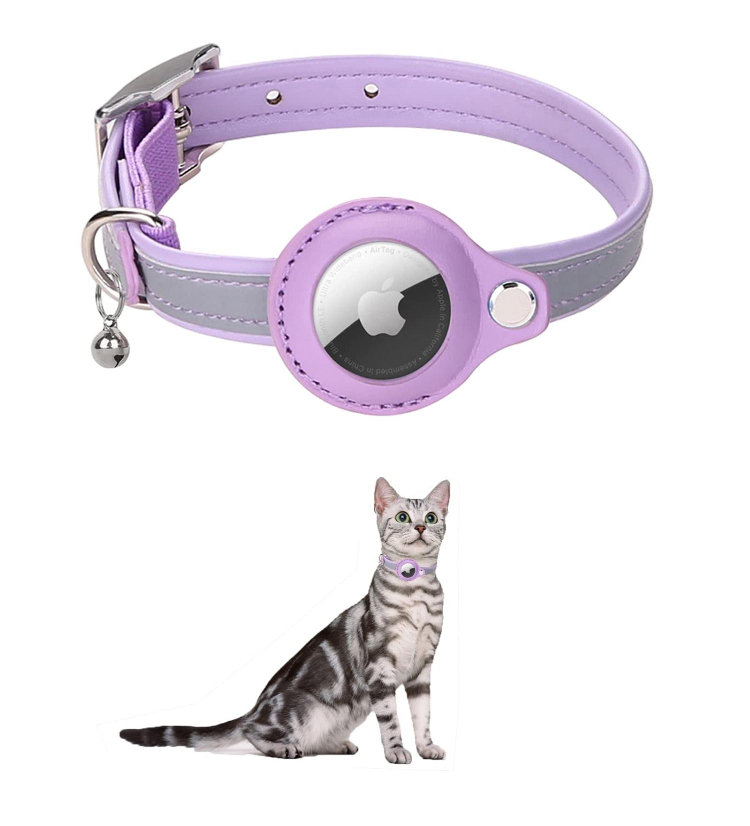 Kocnydey Leather Reflective AirTag Cat Collar - Adjustable Anti-Wing Collar with Bell for Cats & Small Dogs (Purple M: 28-37cm) - Buy Online on GoSupps.com