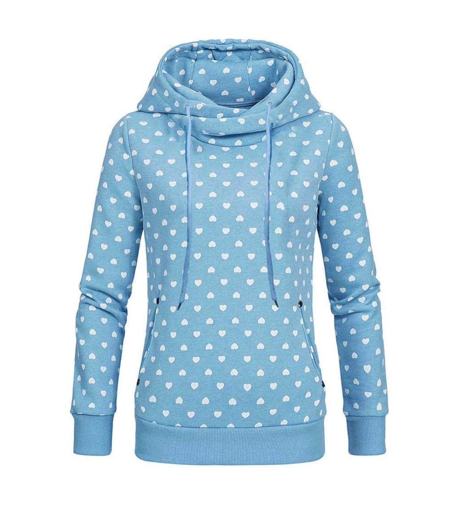 Bigfanshu Women's Sweatshirt Casual Long Sleeve Blouse Hooded Print Ladies Pockets Pullover Tops Shirt Blue