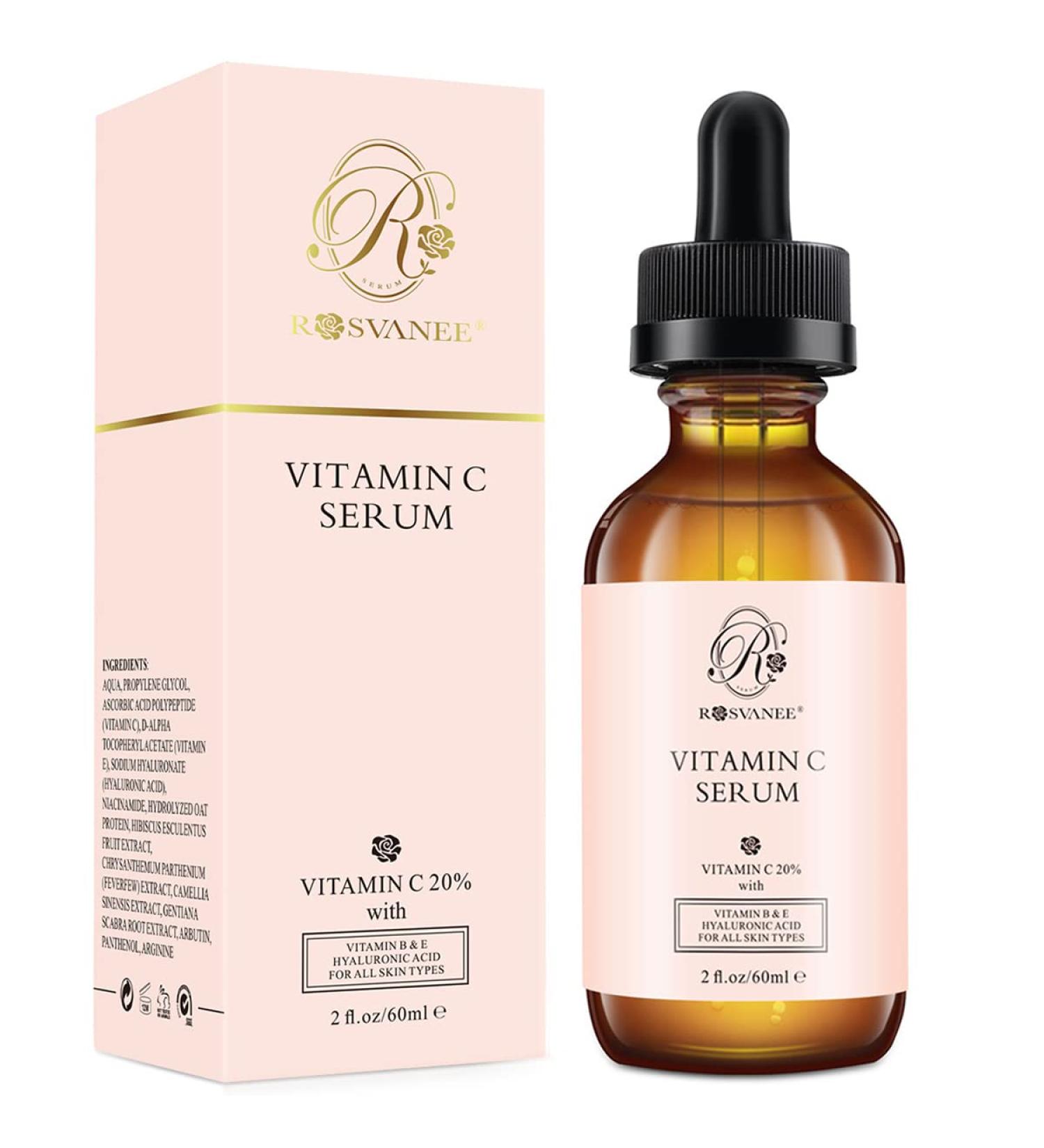 ROSVANEE Vitamin C Serum for Face and Eyes 60ml - Pure Facial Brightening Serum with 20% Vitamin C Hyaluronic Acid Vitamin B & E for Anti-Aging Acne Wrinkle Dark Spots and Sun Damage - Buy Online on GoSupps.com
