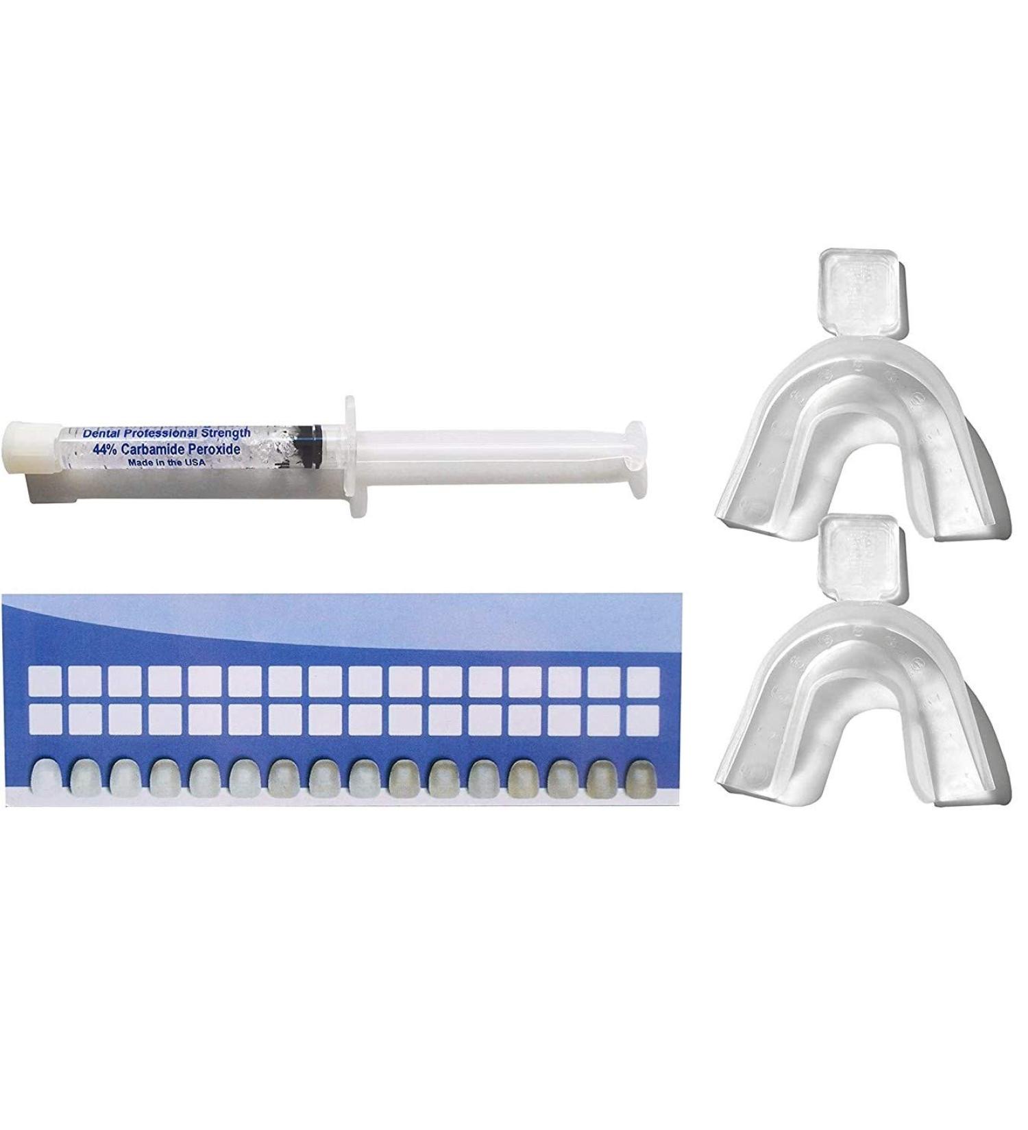 White Teeth Global Branded (TM) 44% Carbamide Peroxide 1 Syringe of Teeth Whitening Gel - (2) Mouth Trays - (1) Shade Guide - (1) Instructions Sheet - Best at Home Teeth Whitening Products