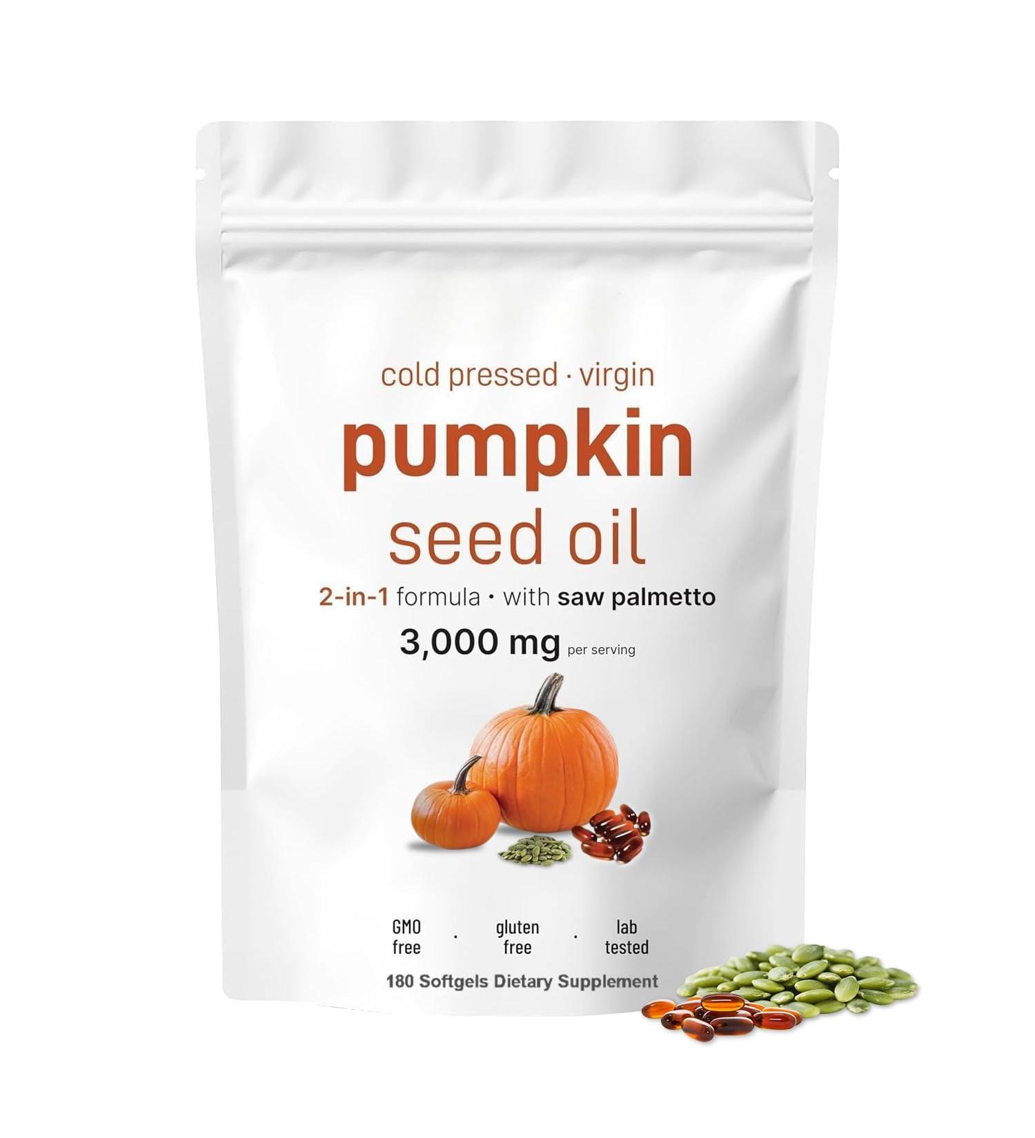 Pumpkin Seed Oil with Saw Palmetto- 3000mg - 180 Softgels -Cold Pressed - Pure Virgin Oil - Essential Fatty Acids & Phytosterols - Supports Hair - Urinary - Bladder & Prostate Health - Non-GMO - Buy Online on GoSupps.com