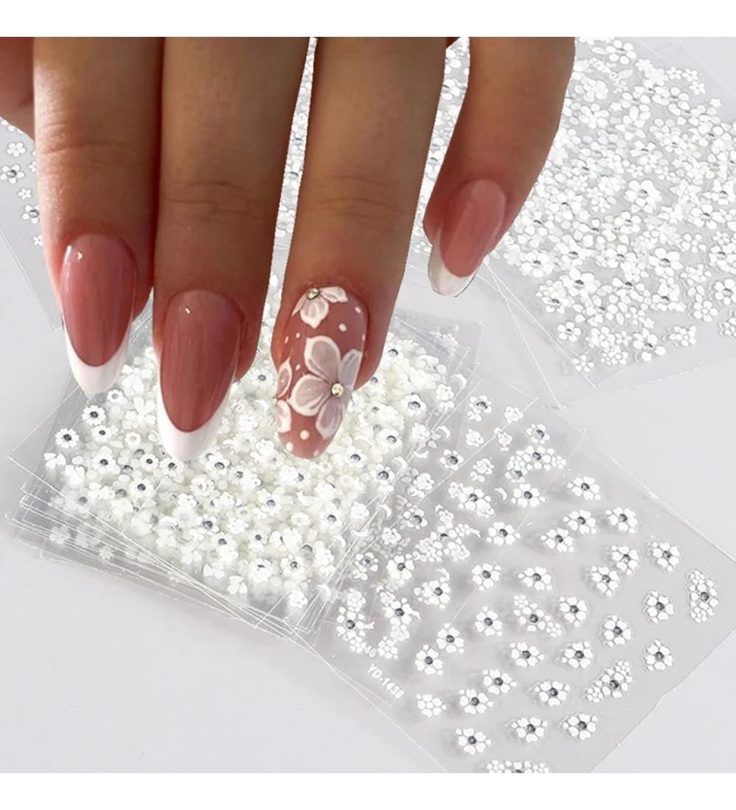 30 Sheets White Flower Nail Art Stickers with Rhinestones | 3D Self Adhesive Nail Decals for Creative Nail Designs | International Shipping Available - Buy Online on GoSupps.com