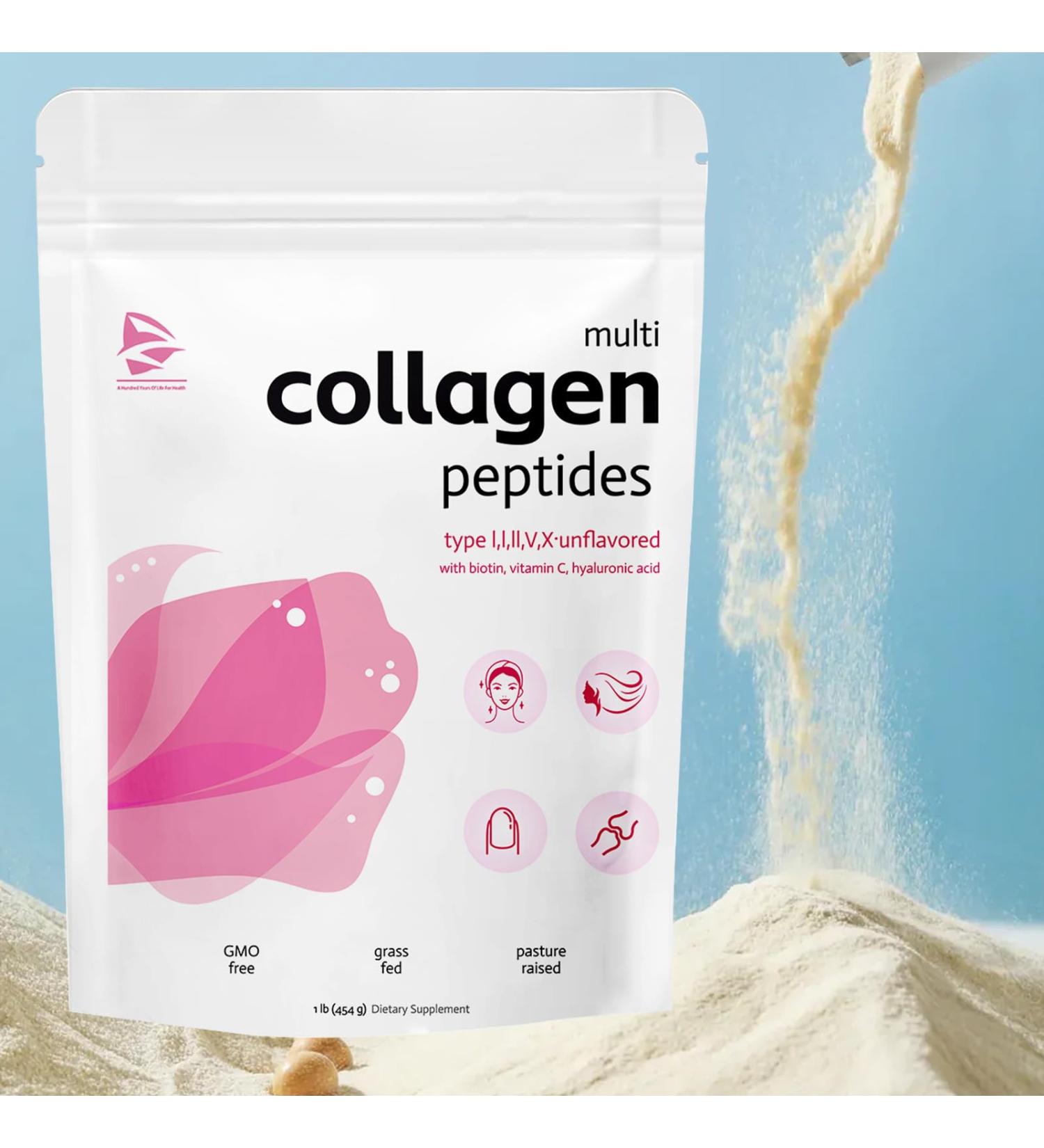 Multi Collagen Peptides Powder for Women Men Types I II III V X 1 Lb Hydrolyzed Collagen Peptides Unflavored with Biotin Hyaluronic Acid Vitamin C Instant Dissolving (1pcs) - Buy Online on GoSupps.com