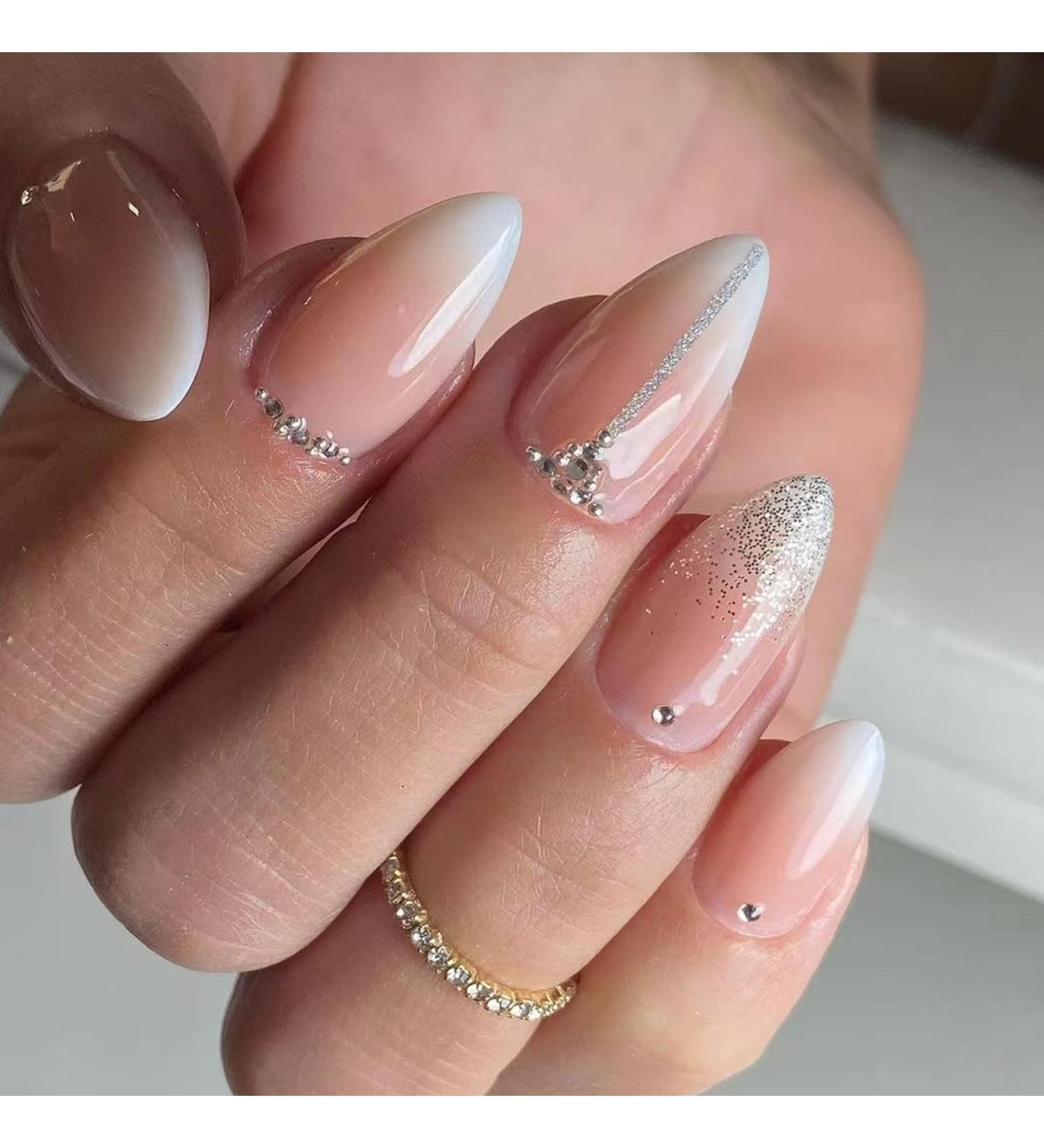 Shop Mouyouglow Short Almond Pink Gradient Press On Nails - Rhinestones & Glitter | Artificial Fake Nails with Glue - Baby Boomer Ombre Style - Buy Online on GoSupps.com