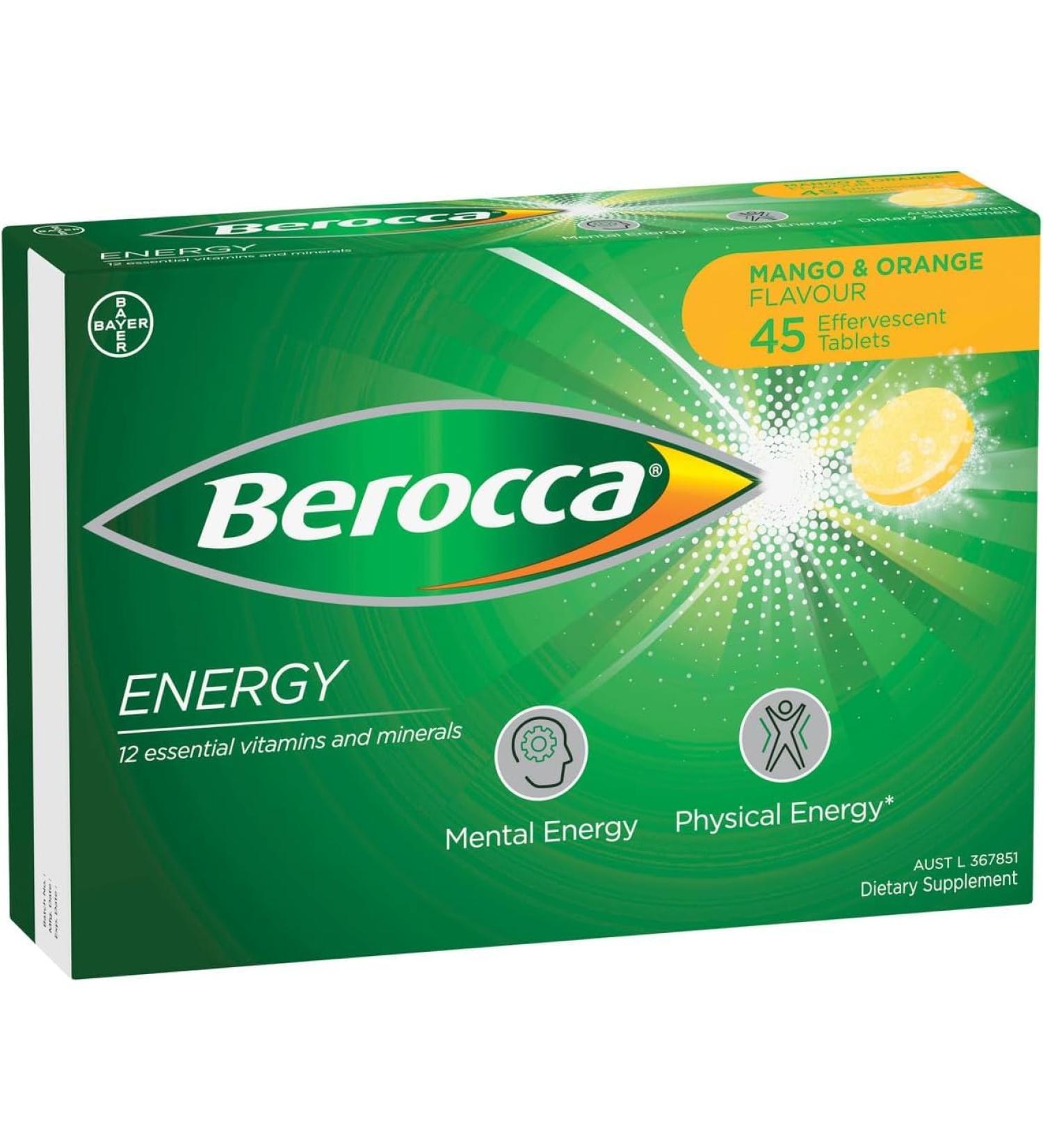 Berocca Energy Vitamin B & C Mango & Orange Flavour Effervescent Tablets 45 Count - Buy Online on GoSupps.com