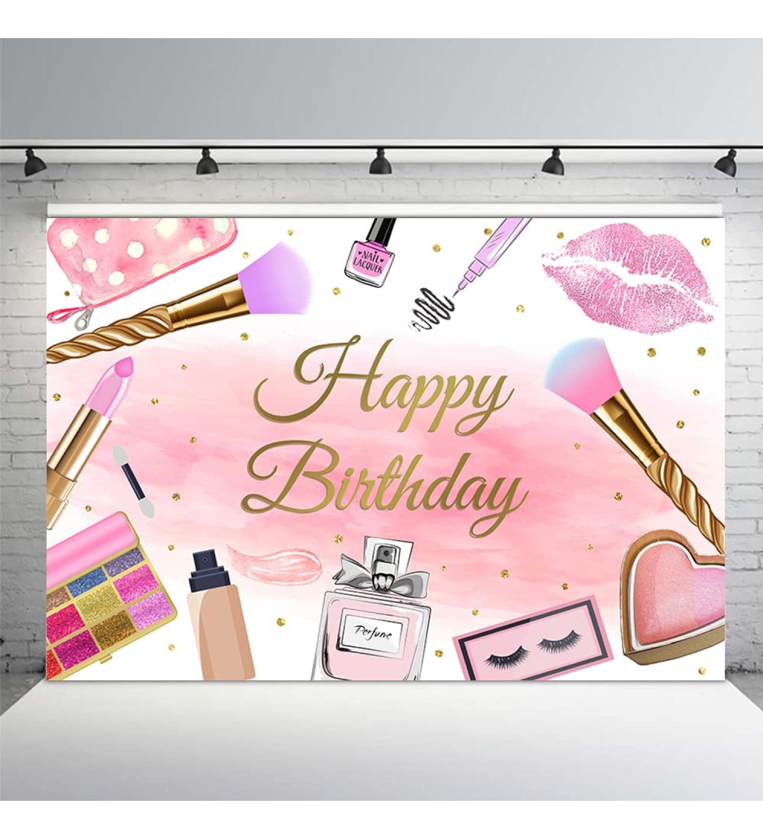 8x6ft Pink Glamour Makeup Spa Happy Birthday Backdrop for Girls and Women - Cosmetics Beauty Photography Background for Party Decoration and Photo Booth Props by MEHOFOND - Buy Online on GoSupps.com