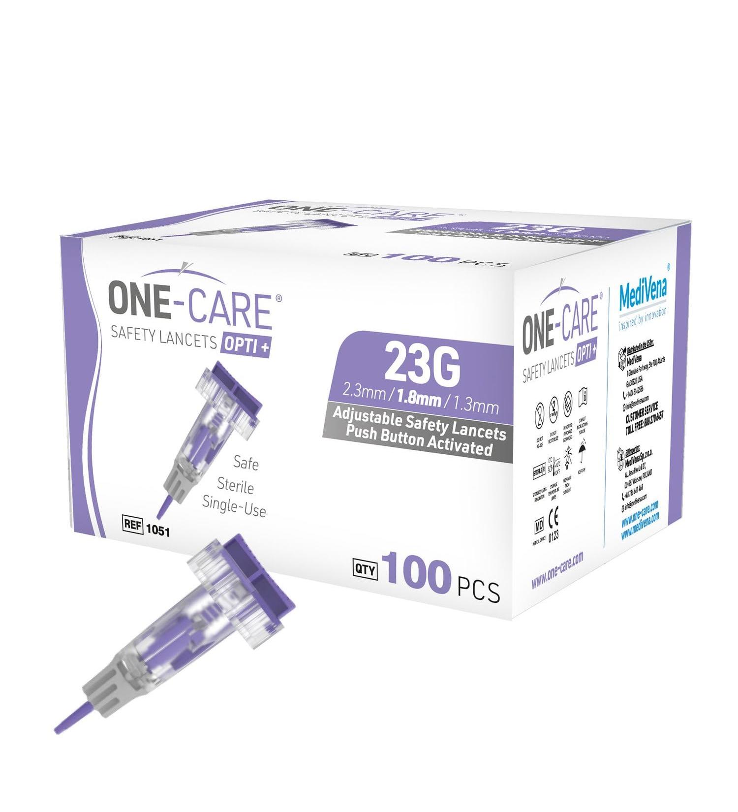 ONE-CARE Opti+ Adjustable Safety Lancets 23G - Preloaded Sterile & Gentle - 100 Pack with 3 Depth Settings - Buy Online on GoSupps.com