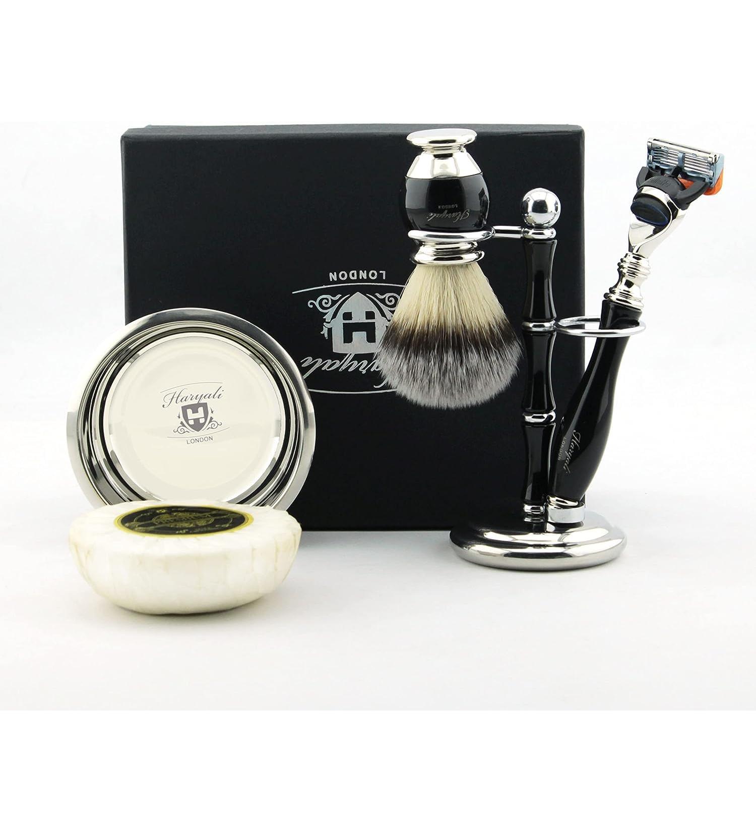 Haryali London 5-in-1 Men's Razor Set | Handmade Leather Case Shaving Stand Fusion 5 Compatible Razor Brush Bowl & Soap - Buy Online on GoSupps.com