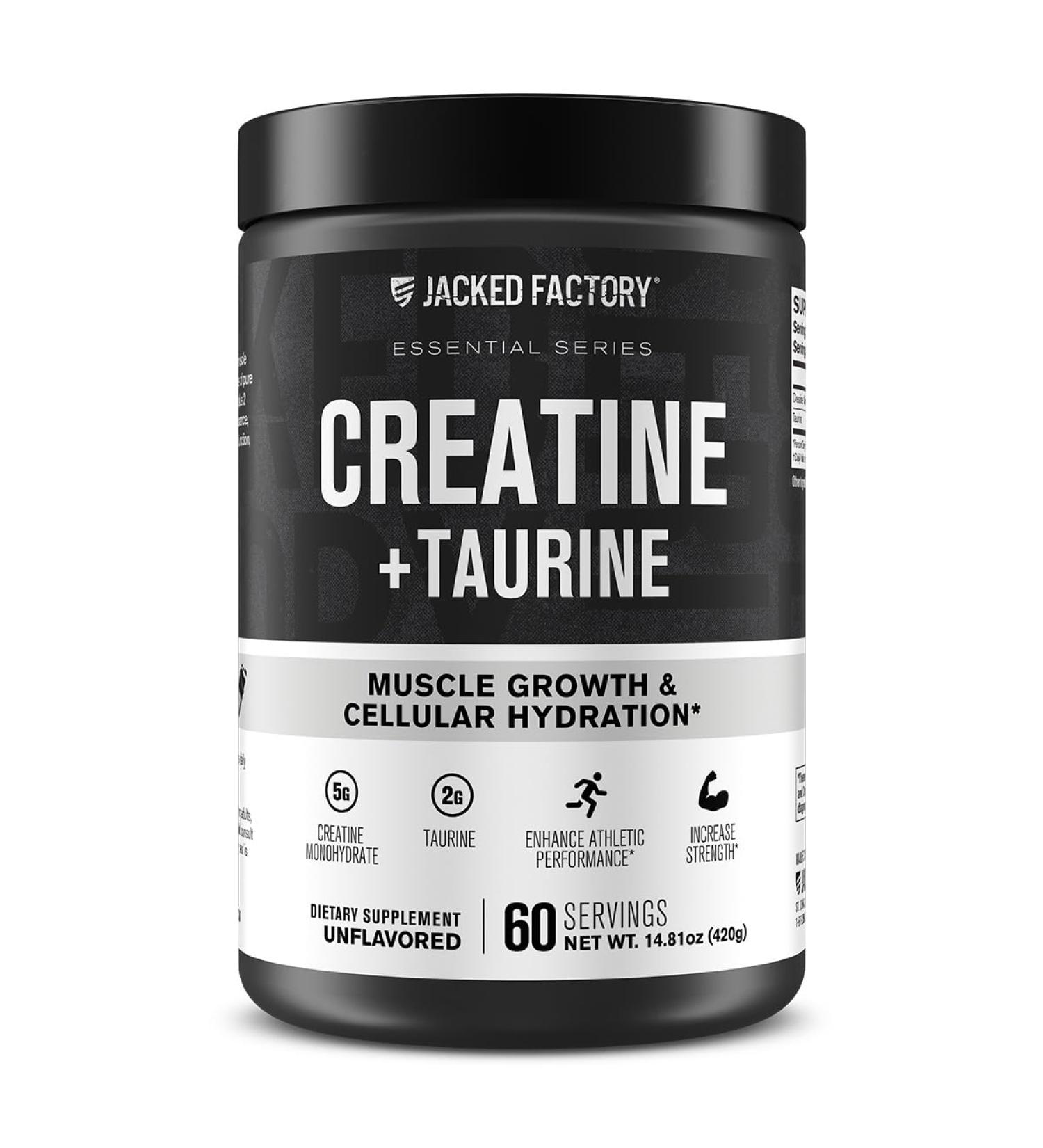 Jacked Factory Creatine + Taurine - Creatine Monohydrate 5000mg with Taurine 2000mg for Increased Muscle Strength & Cellular Hydration - 60 Servings Unflavored - Buy Online on GoSupps.com