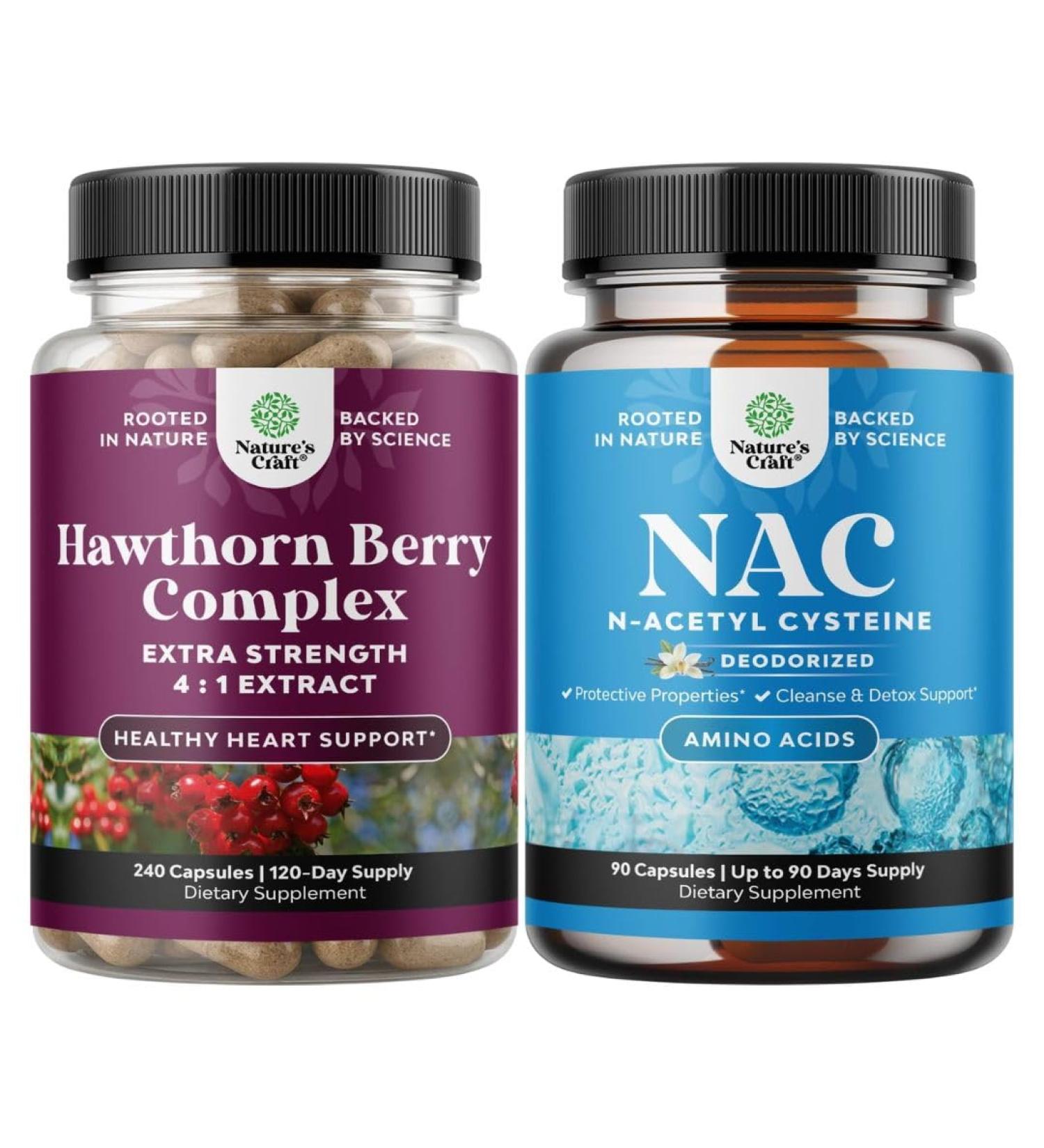 Bundle of High Strength Hawthorn Berry Capsules with Leaf & Flower Extract 4:1 for Healthy Heart & Digestion and NAC Supplement N-Acetyl Cysteine 600mg - Glutathione Precursor for Liver Cleanse Detox - Buy Online on GoSupps.com