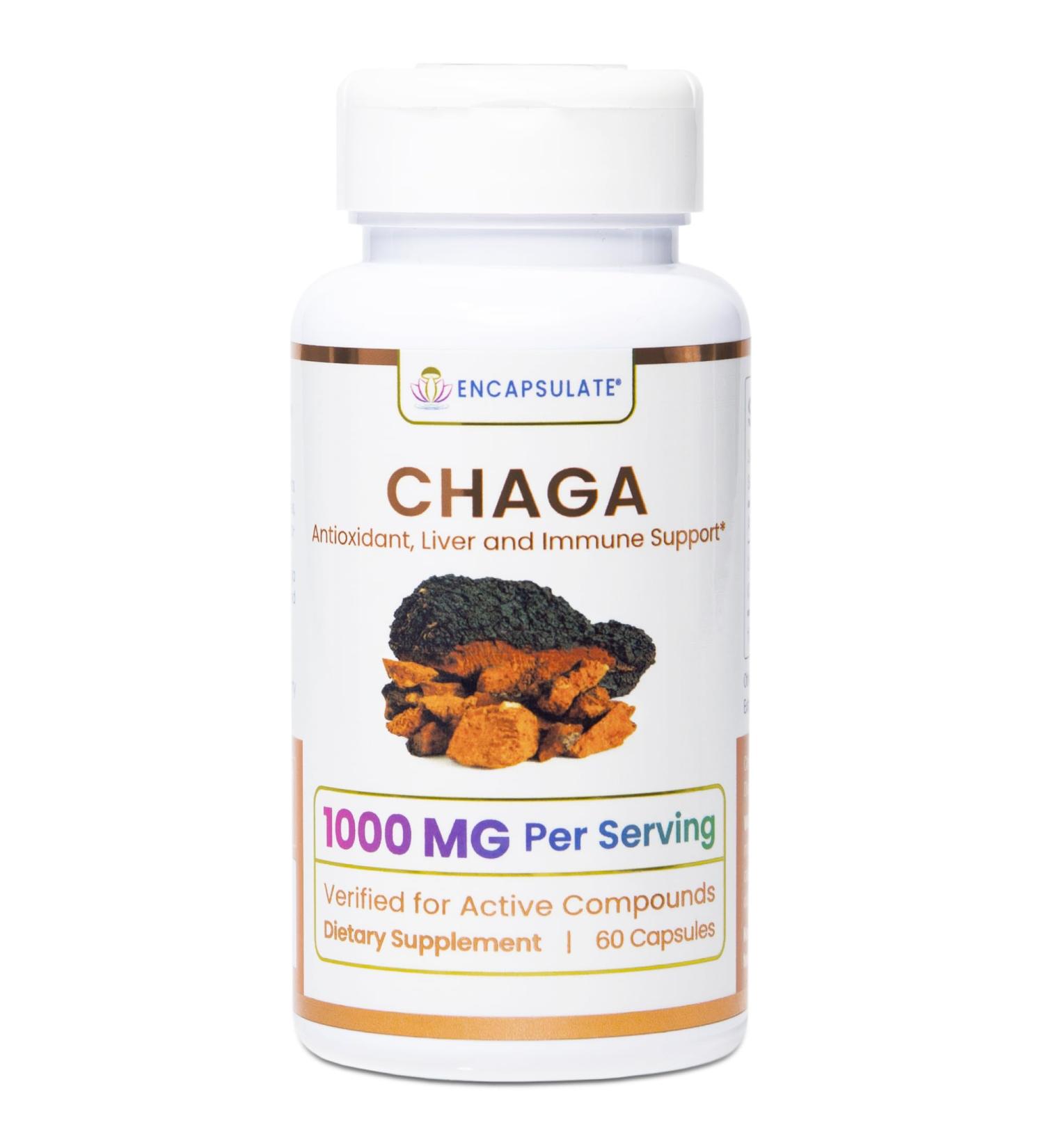 ENCAPSULATE Chaga Capsules 1000mg Premium Organic Fruiting Body 1:1 Mushroom Extract Adaptogen Mushroom Supplement for Antioxidant Digestive Oxidative Stress & Immune Support Vegan 60 Count - Buy Online on GoSupps.com