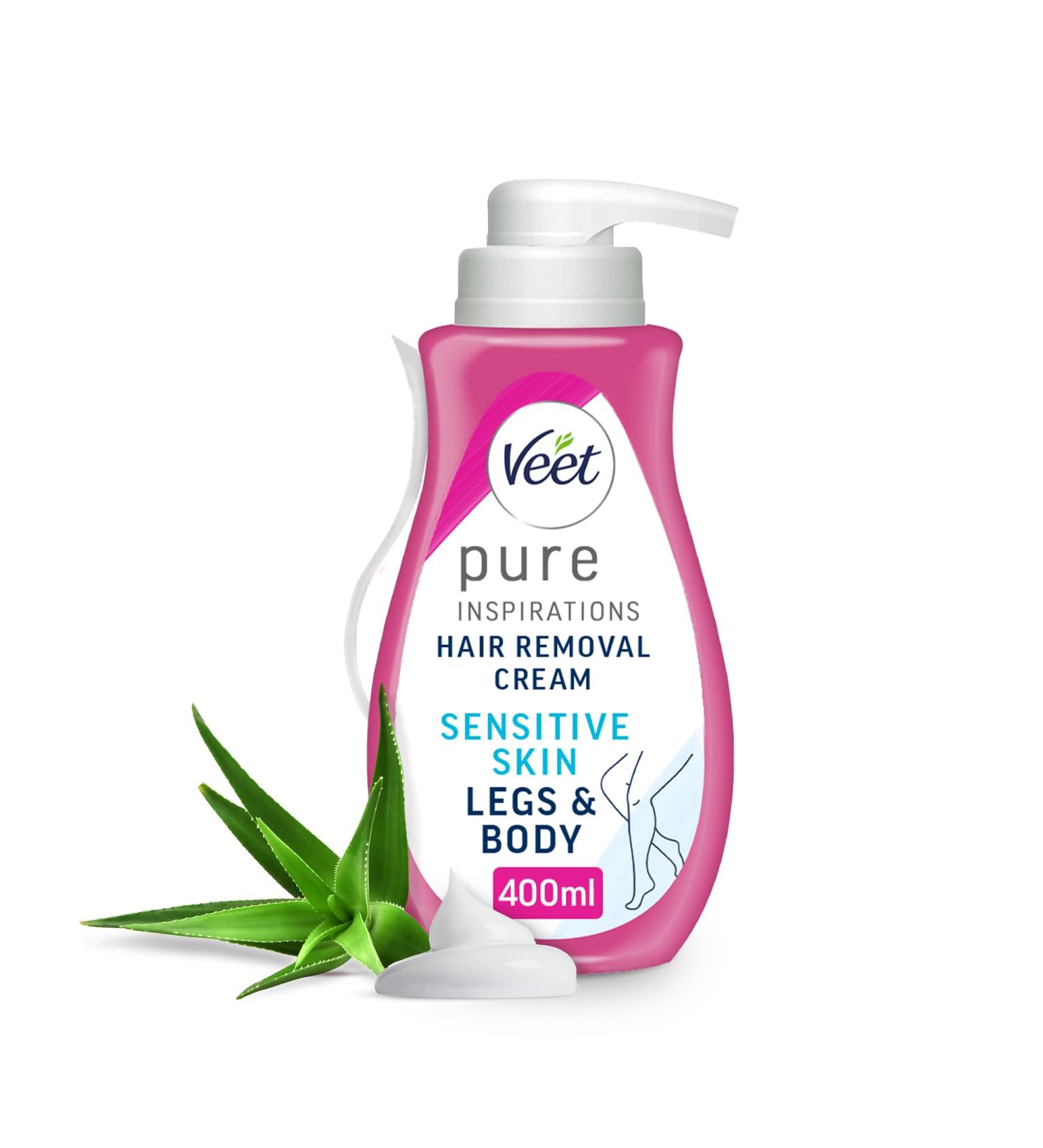Veet Pure Hair Removal Cream 400ml Legs & Body Sensitive Skin Pleasant Fragrance Hydrates & Exfoliates Least Ingredients Aloe Vera Results in 5 Minutes Long Lasting Hydration 24hr Smoothness 400 ml (Pack of 1) - Buy Online on GoSupps.com