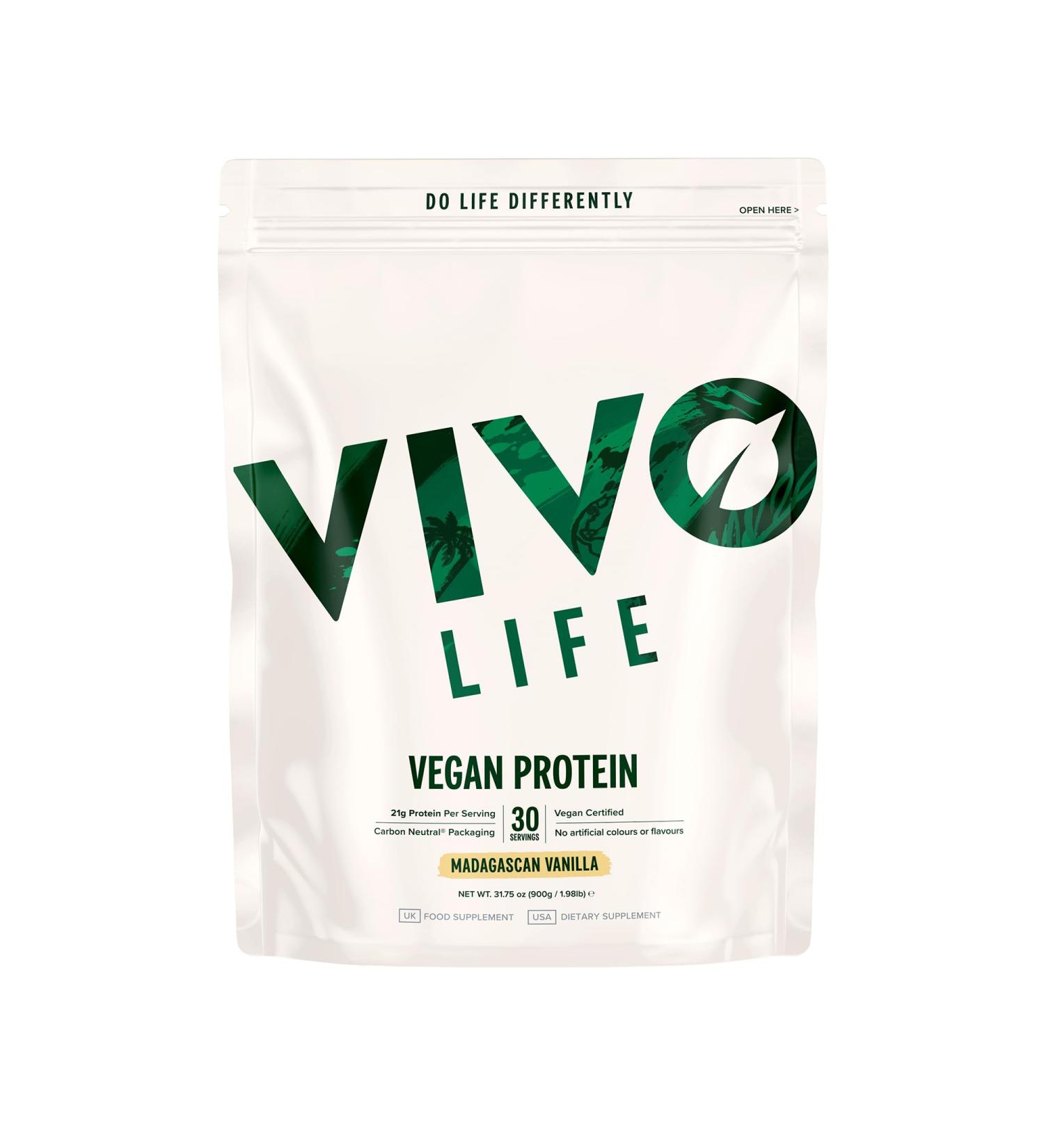 Vivo Life Vegan Protein Powder - 21g Plant-Based Protein per Serving - 900g (30 Portions) with Himalayan Salt - Vanilla Flavor - Buy Online on GoSupps.com