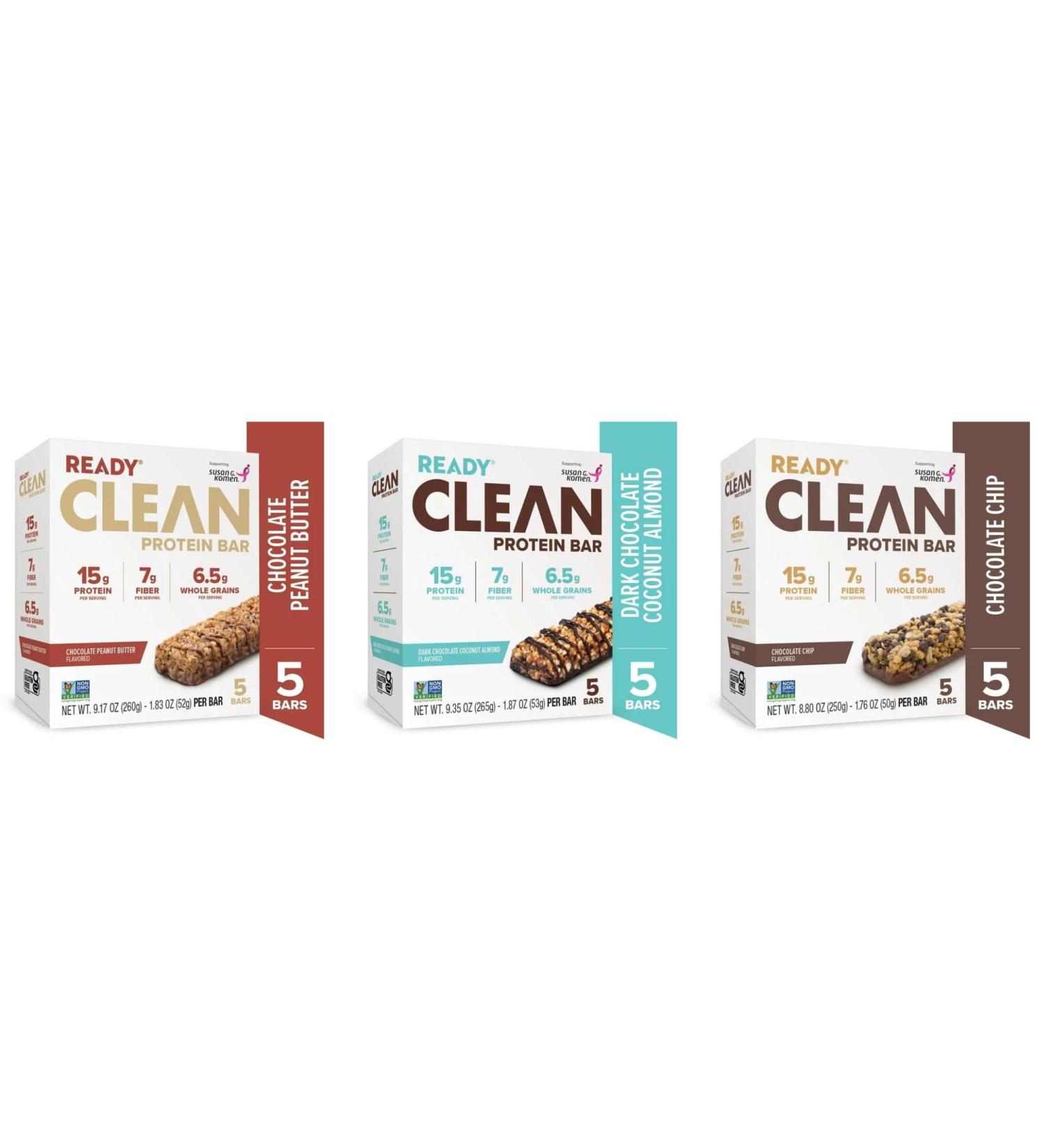 Ready Clean Protein Bars Variety pack Chocolate Peanut Butter Chocolate Chip Dark Chocolate Coconut Almond 5 servings per case total 3 cases/15 individual servings. - Buy Online on GoSupps.com