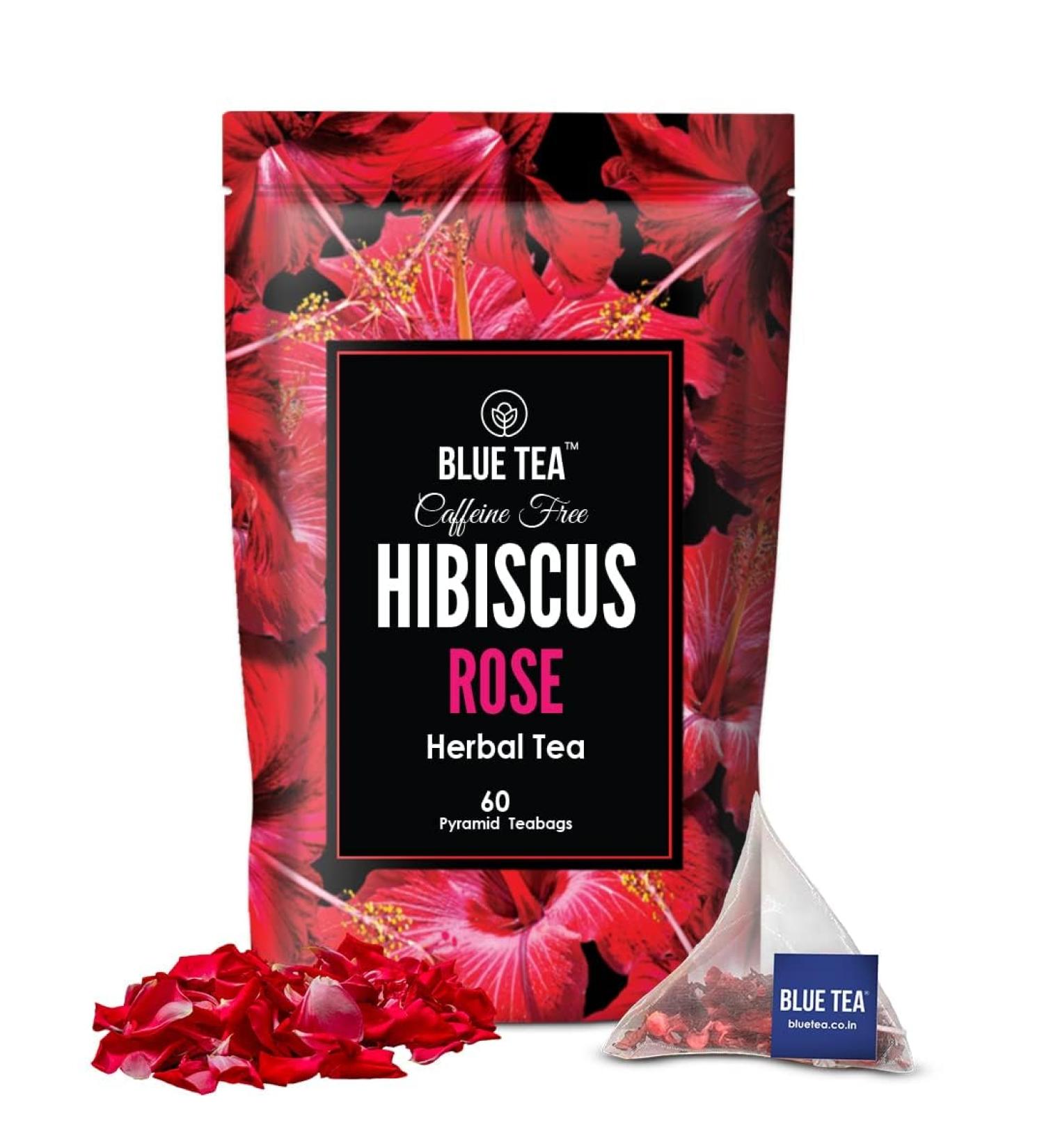 BLUE TEA - Hibiscus Rose Herbal Tea - 60 Tea Bags || CAFFEINE FREE || Hibiscus + Rose | Christmas Tea Gifts | Vegan - Gluten Free - Non-GMO | Eco-Conscious Ziplock Pouch - Buy Online on GoSupps.com