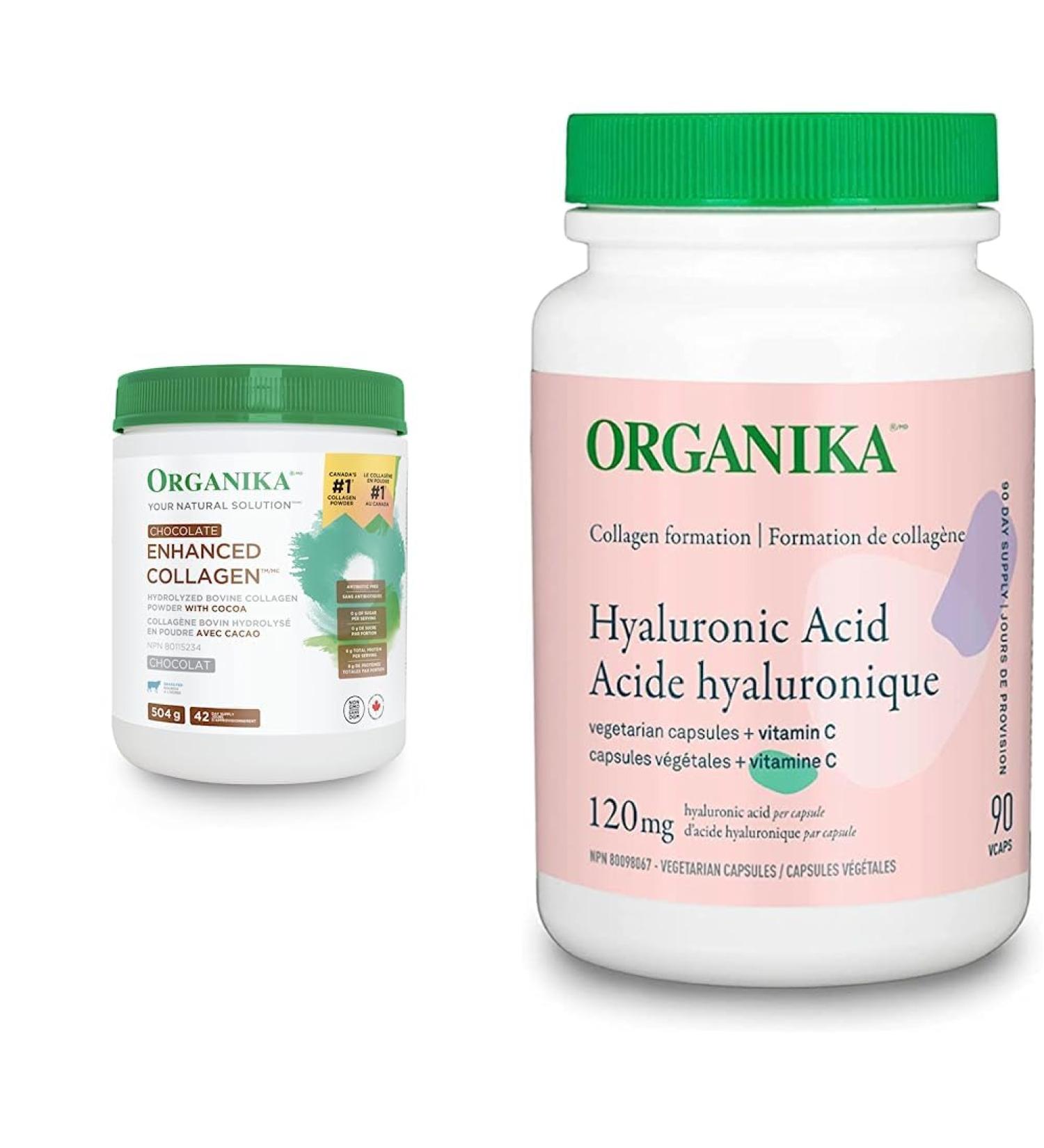 Organika Chocolate Enhanced Collagen - Grass-Fed Collagen with Real Cocoa Sugar-Free Healthy Hair Skin Nails Joints - 504g & Hyaluronic Acid With Vitamin C 90 Vcaps Collagen + Hyaluronic Acid With Vitamin C Chocolate 504 g (Pack of 1) - Buy Online on GoSupps.com
