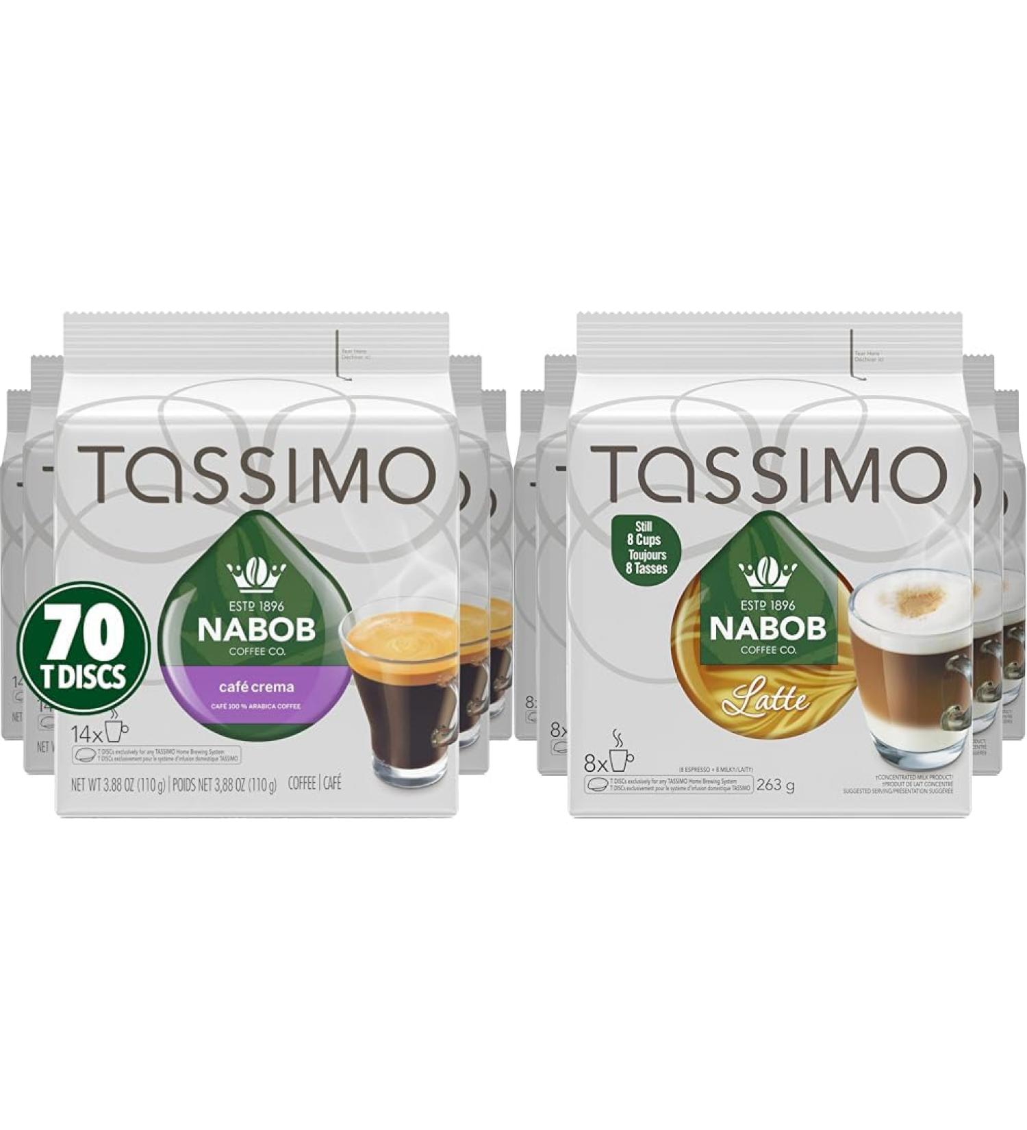 Tassimo Nabob Caf Crema Coffee Single Serve T-Discs 110g (5 Boxes of 14 T-Discs) & Nabob Latte Coffee Single Serve T-Discs 263g (5 Boxes of 8 T-Discs) Coffee+ Coffee 8 Count (Pack of 5) - Buy Online on GoSupps.com