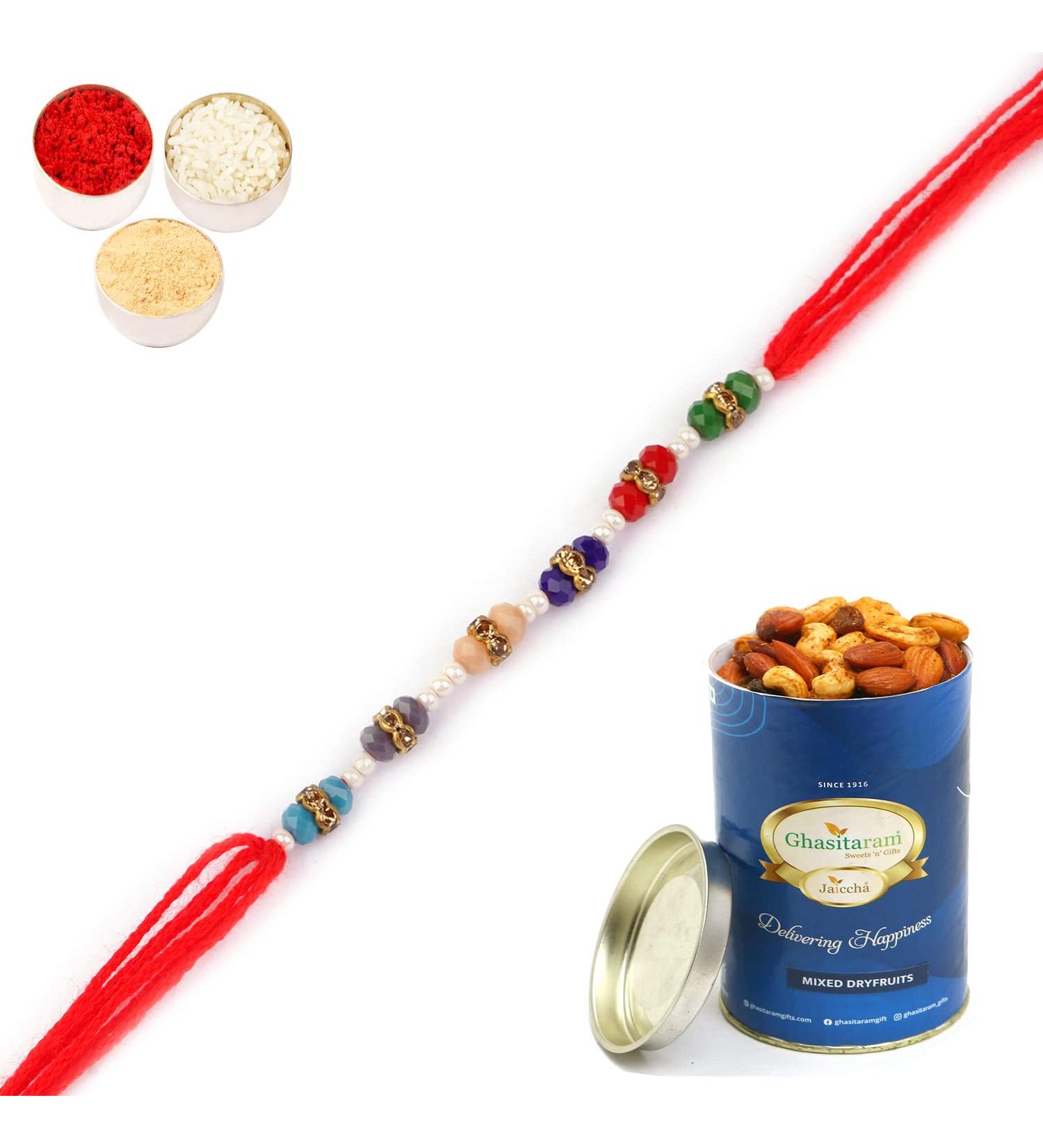 Ghasitaram Gifts Rakhi for Brother Rakhis Online - 6958 Fancy Thread Rakhi with 100 GMS of Dryfruits Mix Can Rakhi Set with 100 gms of Dryfruits Mix Can - Buy Online on GoSupps.com