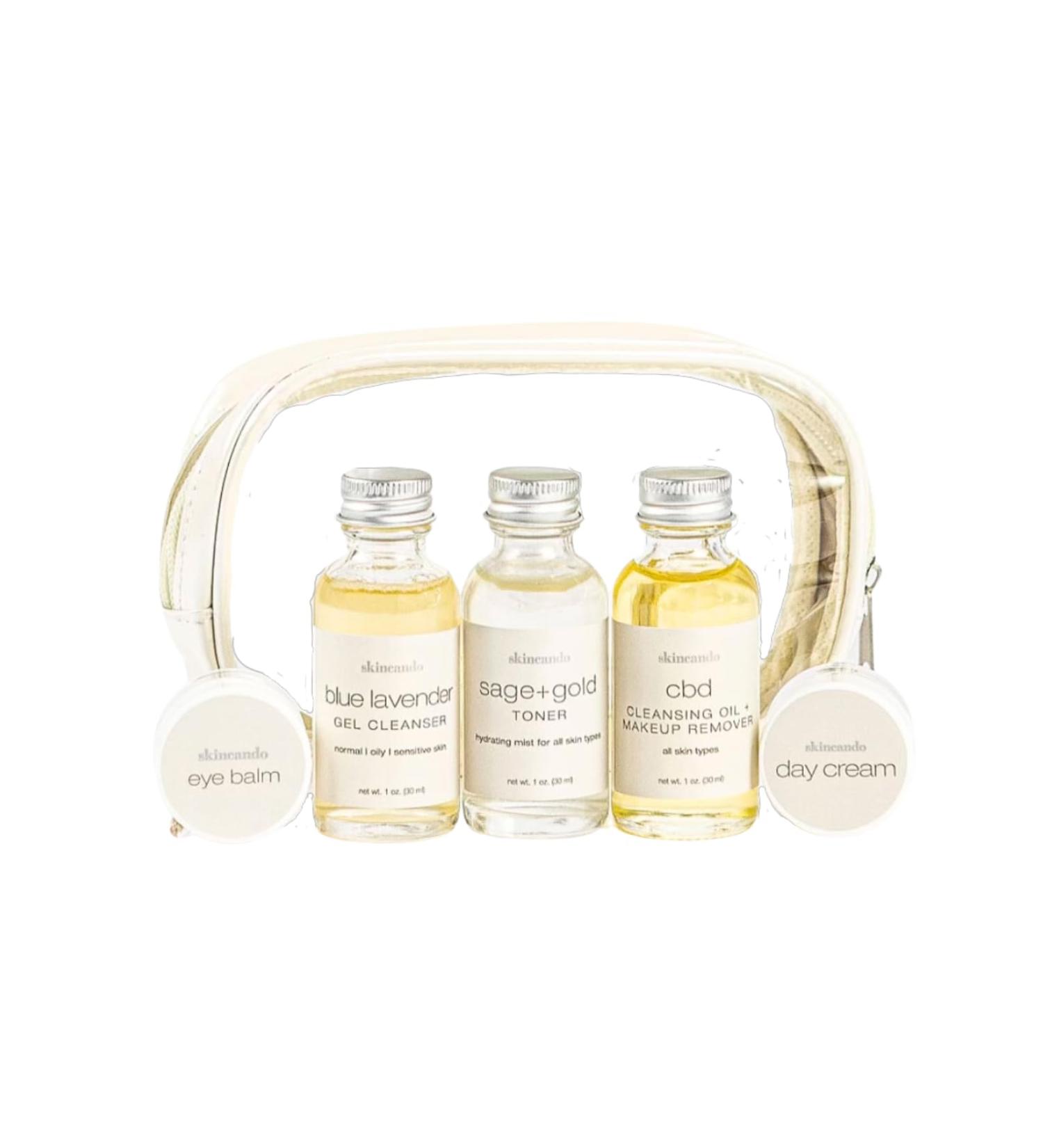 Travel Skincare Gift Set - Cleansing Oil Blue Lavender Cleanser Sage & Gold Toner Day Cream Eye Balm & Organic Cotton Applicators - Perfect for International Shipping - Buy Online on GoSupps.com