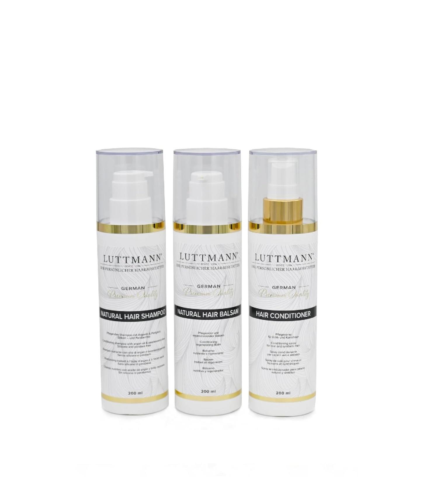 LUTTMANN Natural Hair Care Kit - Shampoo 200 ml + Balsam 200 ml + Hair Conditioner 200 ml - Intensive cleaning for all natural hair wigs hairpieces and extensions - Buy Online on GoSupps.com