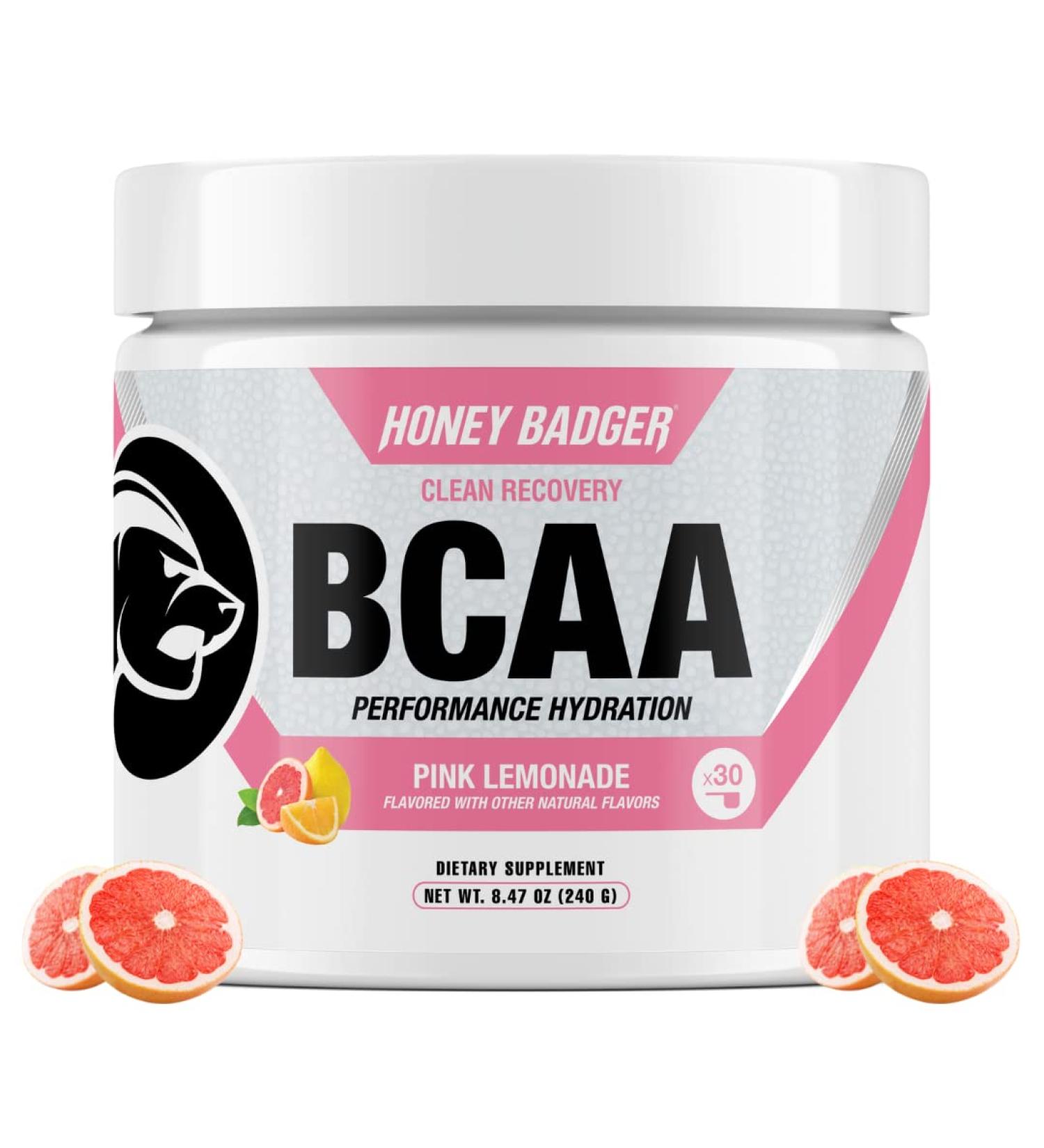 Honey Badger BCAA Amino Acids Powder - Vegan Keto Pink Lemonade | Electrolytes for Hydration & Recovery | Sugar Free & Paleo - 30 Servings - Buy Online on GoSupps.com