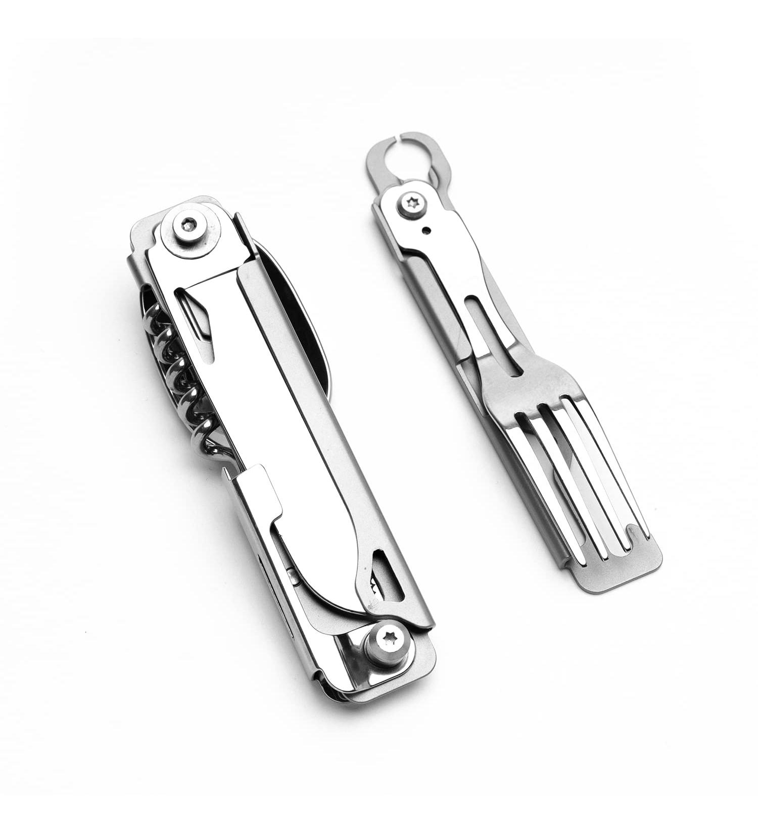 Hayvenhurst Utensil Multitool - 4 In 1 Stainless Steel Camping Utensils with Safety Locking Sheath - Compact Multi Tool with Knife, Spoon, Fork, Bottle Opener - Camping Accessories - Buy Online on GoSupps.com