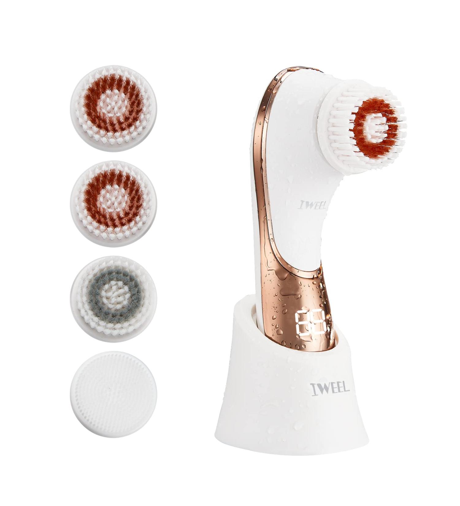 Electric Facial Cleansing Brush - Rechargeable Exfoliator for Deep Cleansing & Massaging | IPX-7 Waterproof with 4 Brush Heads - White & Rose Gold - Buy Online on GoSupps.com