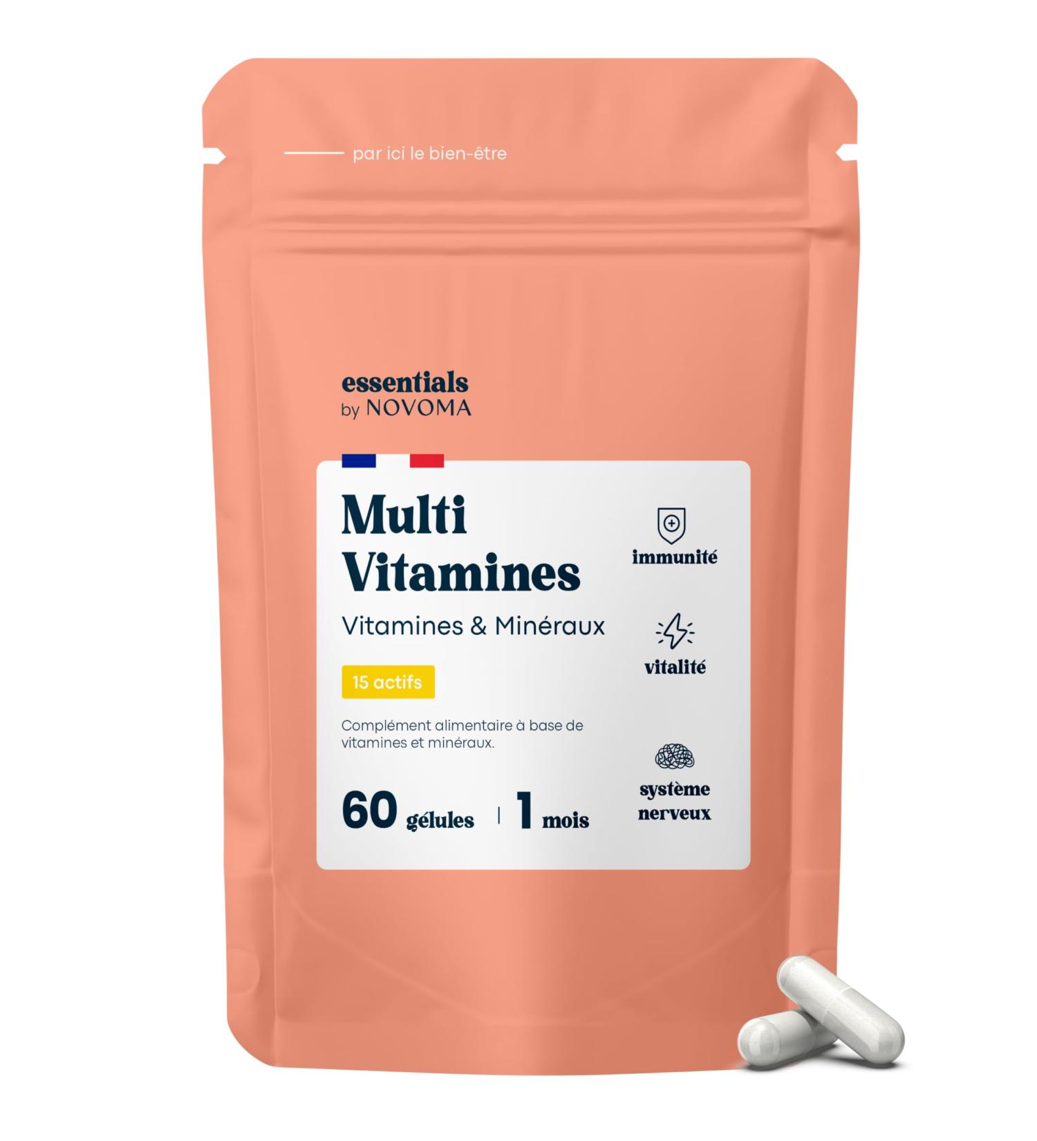 Multivitamins and Minerals 15 Essential Nutrients Vitamins A B C D E + Magnesium & Zinc Immunity & Energy 60 Vegan Capsules 1 Month Cure Made in France Essentials by Novoma - Buy Online on GoSupps.com