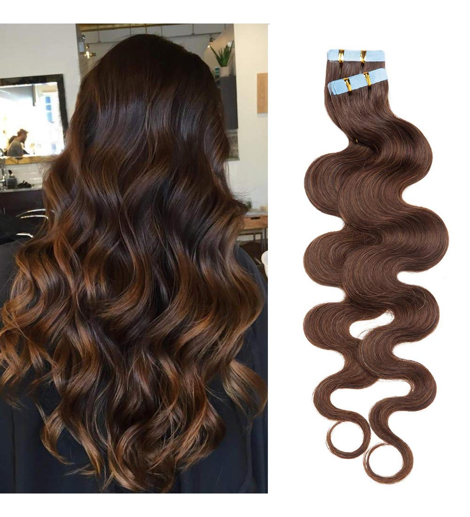 Real Hair Tape Extensions - 20pcs Wavy 50g 50cm Remy #04 Medium Brown & Chocolate Brown - Buy Online on GoSupps.com