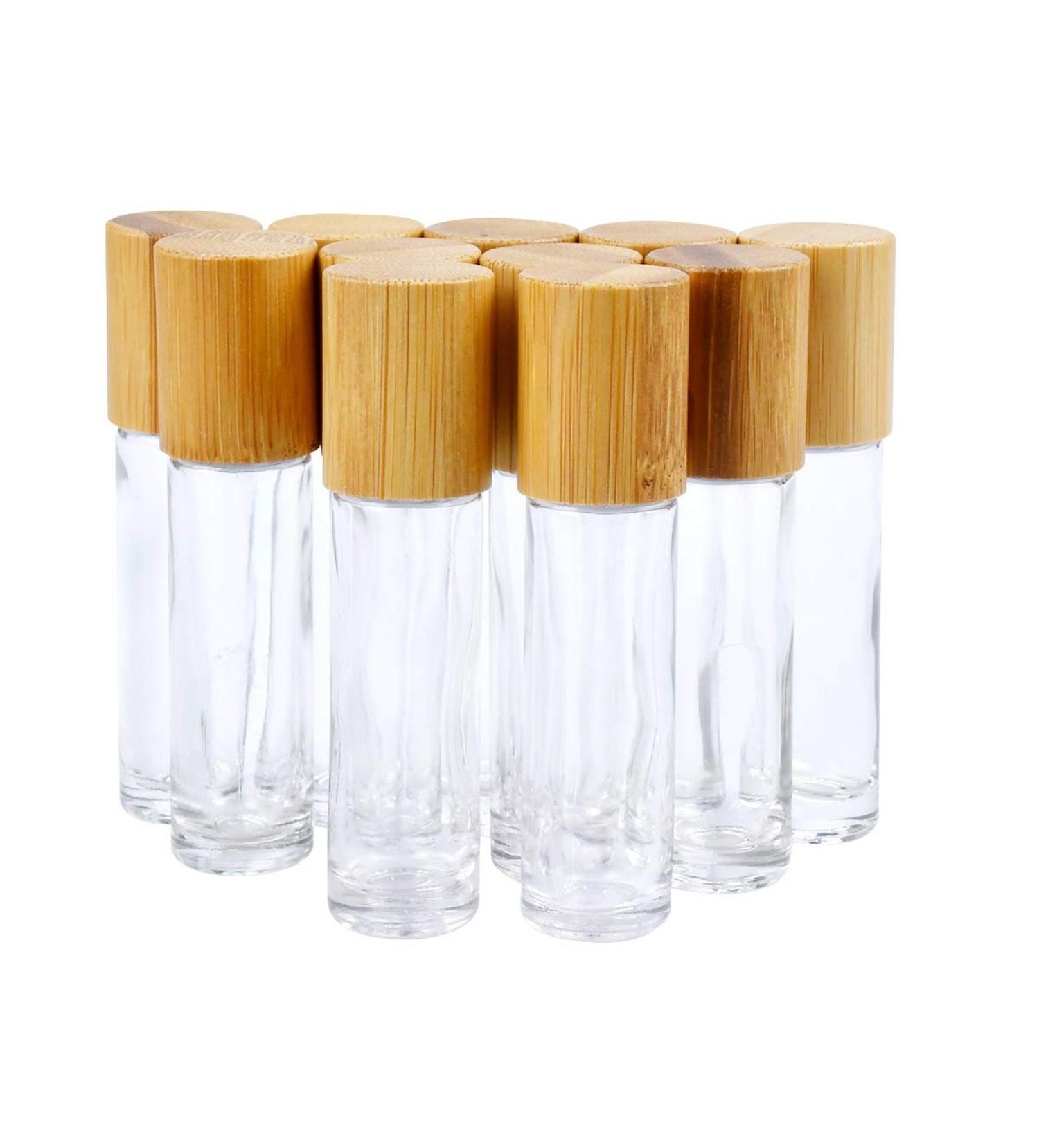 10pcs 10ml Clear Glass Roller Ball Bottles with Bamboo Lids for Essential Oils - Refillable and Eco-Friendly - Buy Online on GoSupps.com