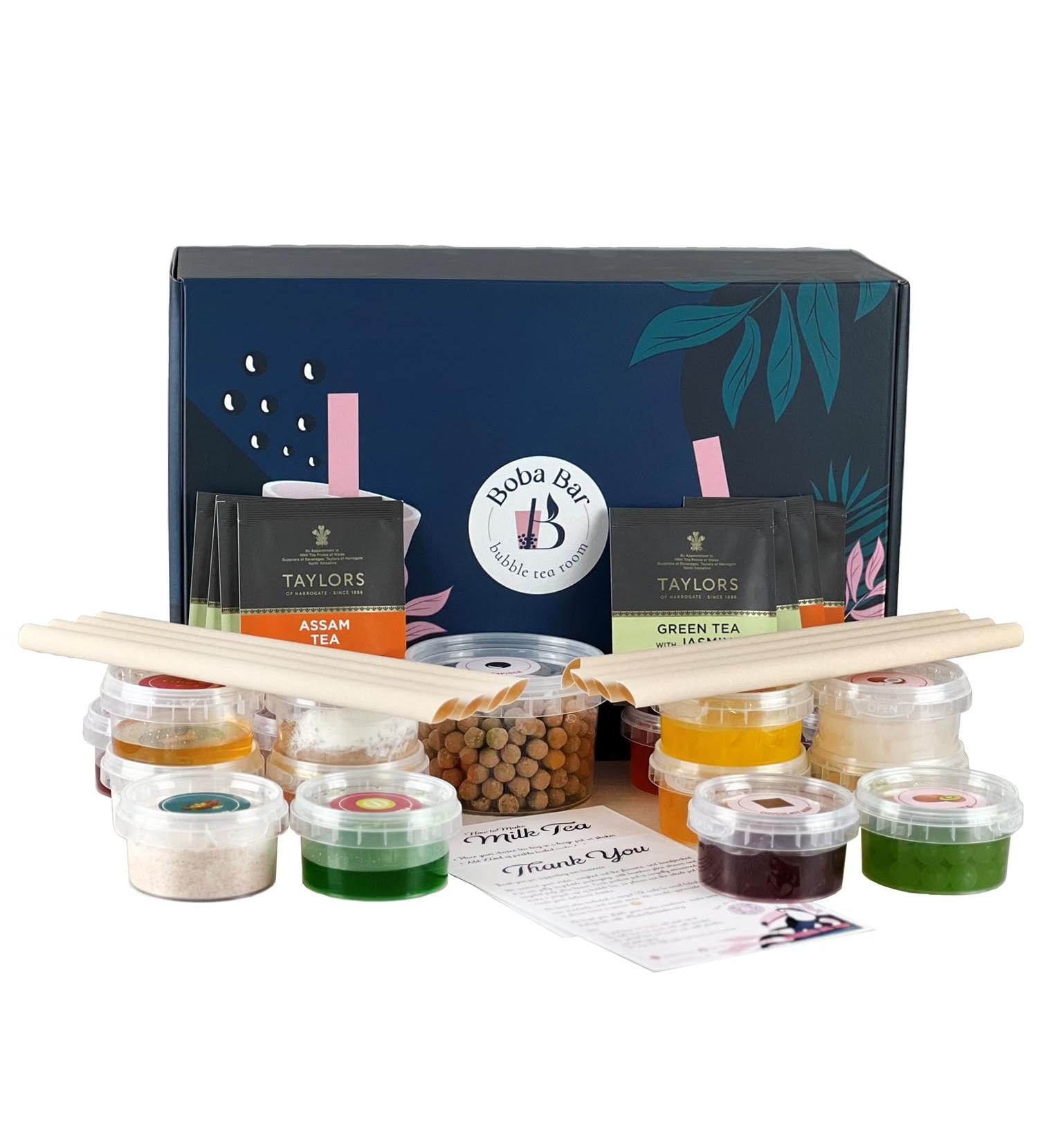 Boba Bar Creamy Twist - Mixed Bubble Tea Kit | 8 Mixed Tea Flavours 8 Popping Boba & Jelly Toppings Tapioca Pearl Bubble Tea (Serves 8) | Green Tea & Assam Tea Bags from Boba Bar London. - Buy Online on GoSupps.com