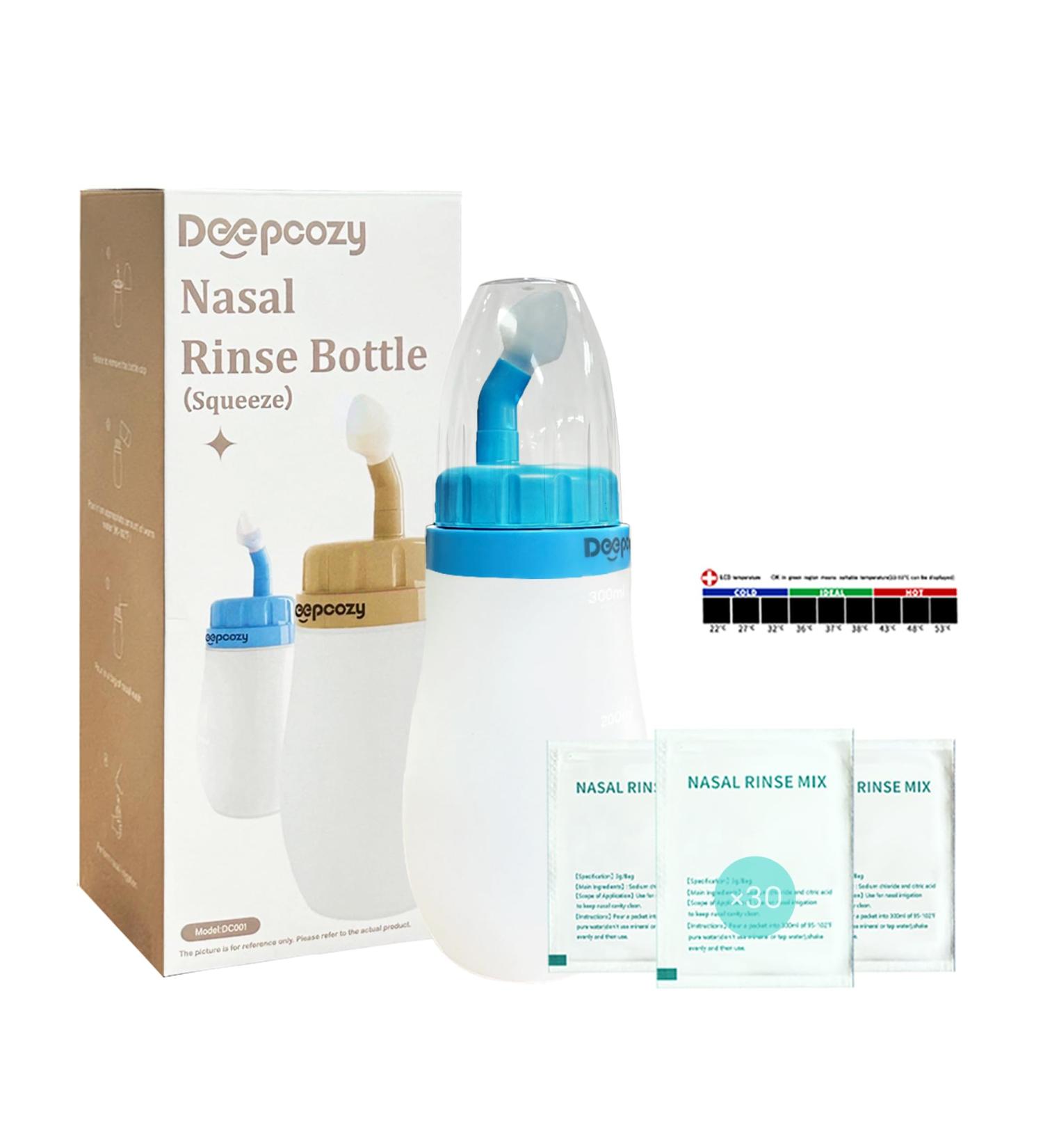 Soft Tip Neti Pot Squeeze Bottle 300ml Nasal Wash with Thermometer & 30 Saline Packets for Adults & Kids Sinus Rinse & Pressure Irrigation (Blue - Buy Online on GoSupps.com