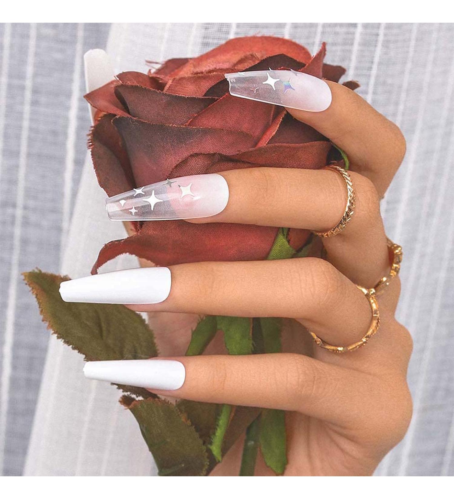 Shop Bohen Long Coffin False Fingernails - White Star Ballerina Glossy Acrylic Press-On Nail Tips (24pcs) for Women & Girls - Buy Online on GoSupps.com