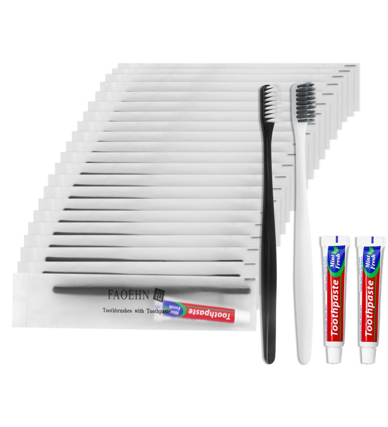 Disposable Travel Toothbrushes with Toothpaste - Pack of 20 Individually Wrapped for Homeless Hotels Airbnb & Charities - Bulk Black & White Kits - Buy Online on GoSupps.com