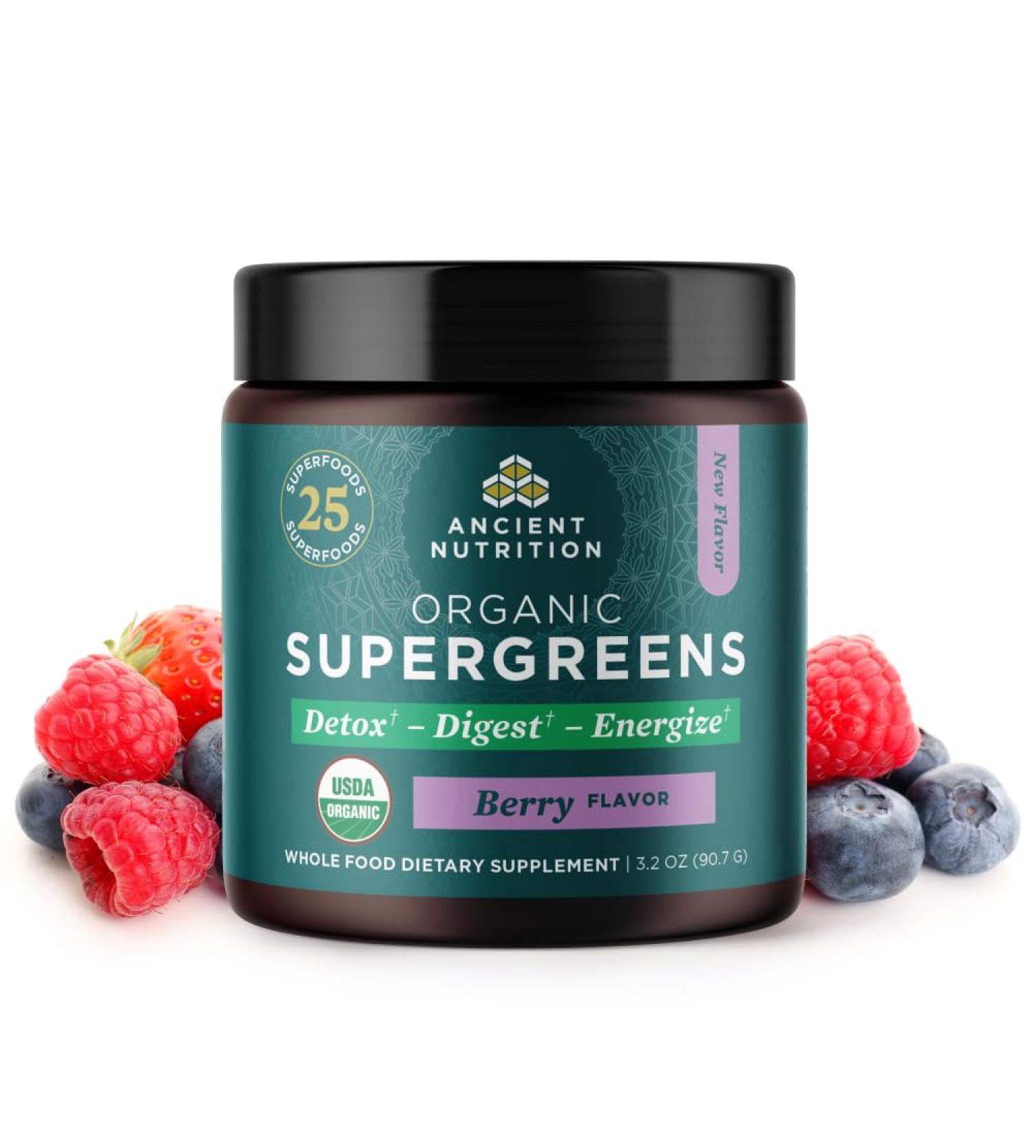 Ancient Nutrition SuperGreens Powder with Probiotics Organic Berry Flavor Greens Made from Real Fruits Vegetables and Herbs Digestive and Energy Support 12 Servings 3.2oz Berry 3.2 Ounce - Buy Online on GoSupps.com
