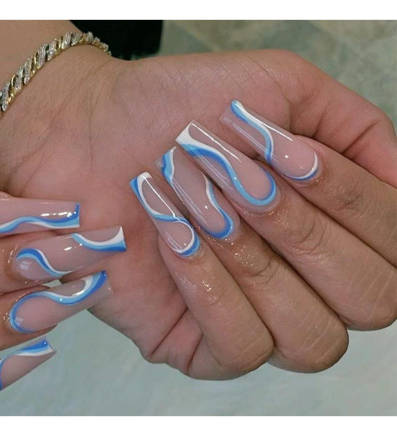 French Fake Nails - Long Shiny Coffin Press-On Nails | 24PC Blue & White Swirl Acrylic Nail Art for Women & Girls - Buy Online on GoSupps.com