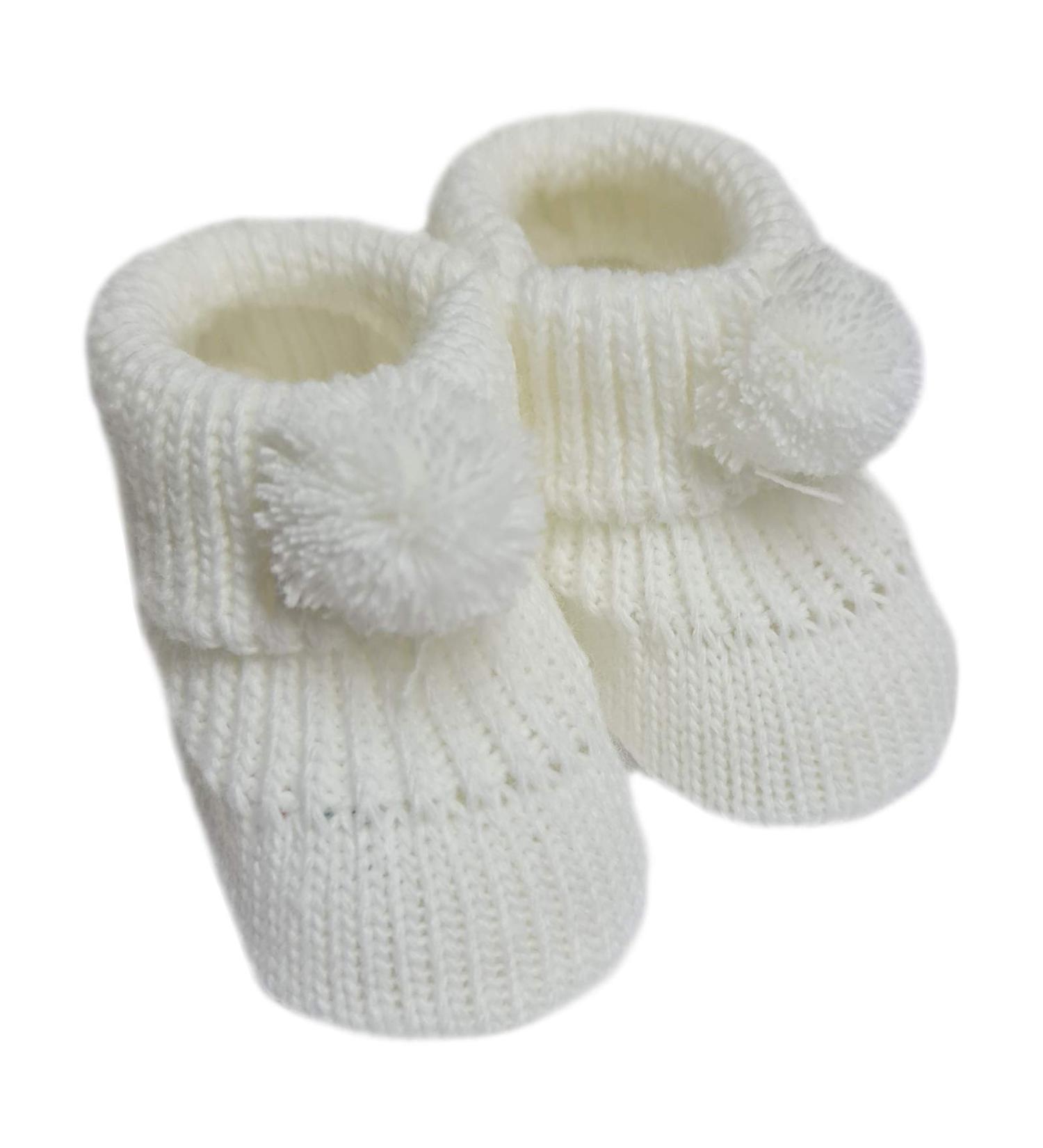 Nursery Time Royal Icon Newborn Baby Boys Girls Booties Knitted Pom Pom Booties Soft Baby Bootees NB-3 Months 116-377 3 Months White