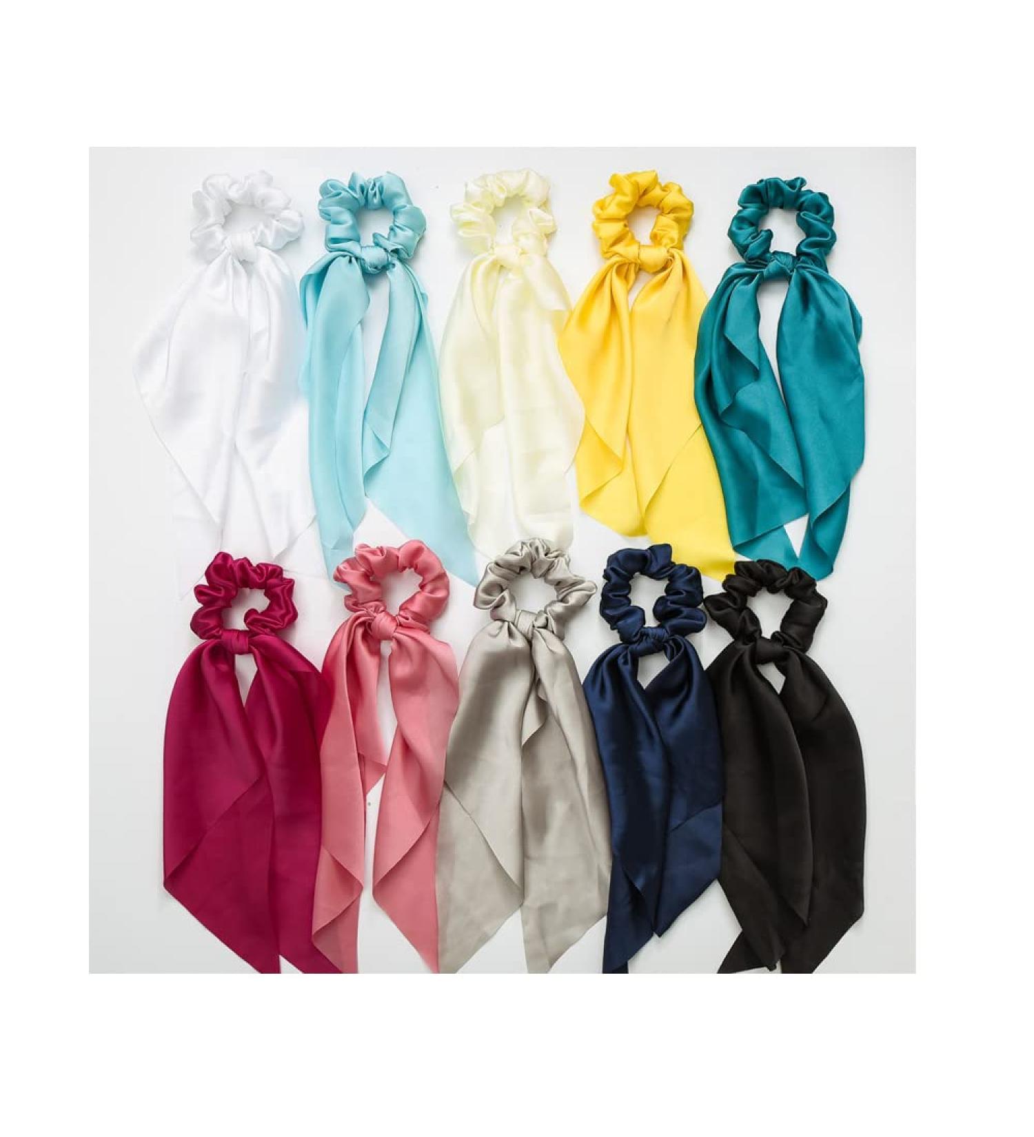10pcs Silk Hair Scarf Scrunchies with Long Tails - Satin Bow Ponytail Holder for Women - Buy Online on GoSupps.com