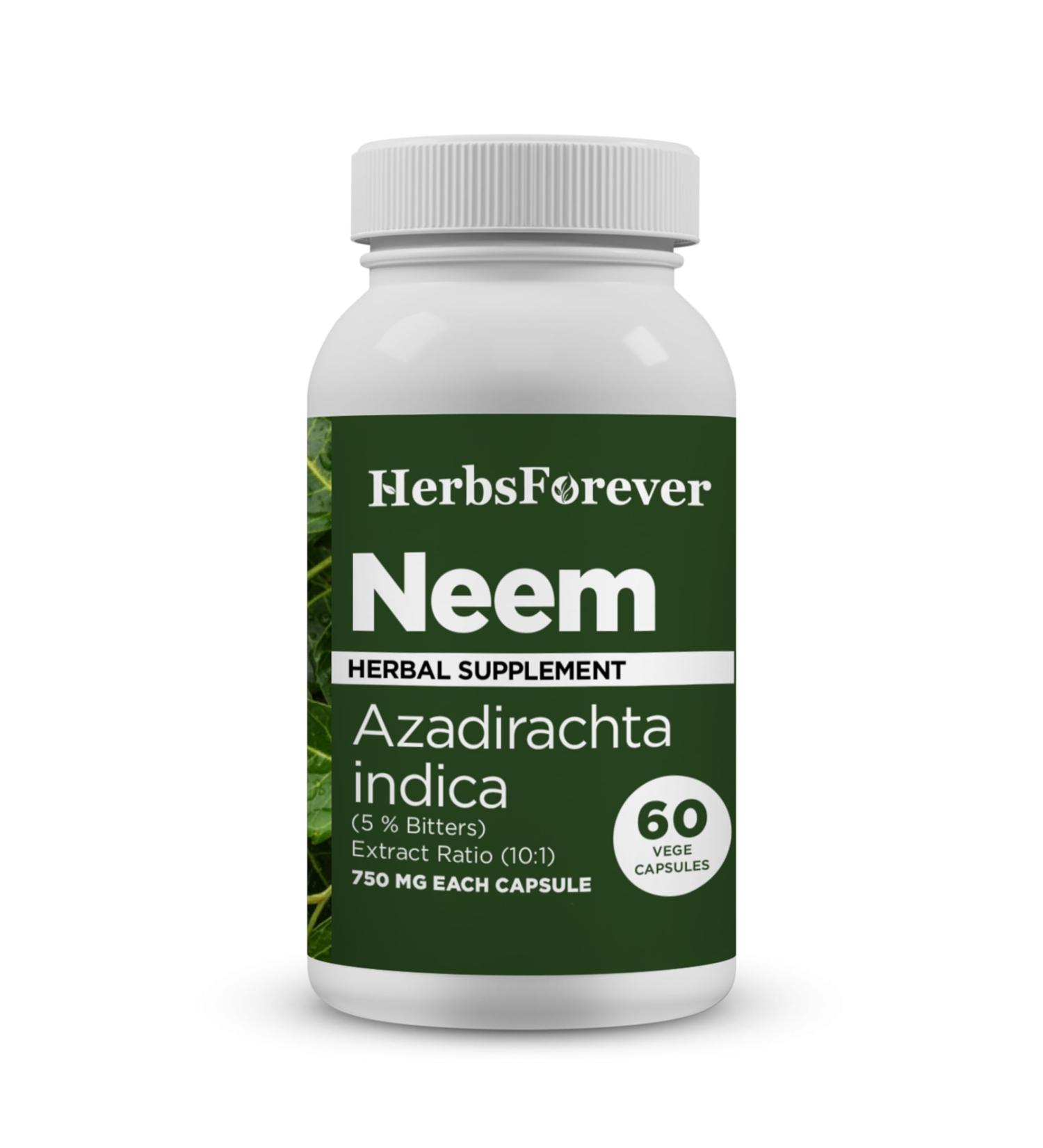 HerbsForever Neem(Azadirachta Indica)-Extra Strength(10:1)Extract Equiv.to 2450mg Leaves Powder Per Serving-Supports Immunity Clear Skin Face Complextion & Blood purify|5%Bitters|60Veg Capsule|750mg - Buy Online on GoSupps.com