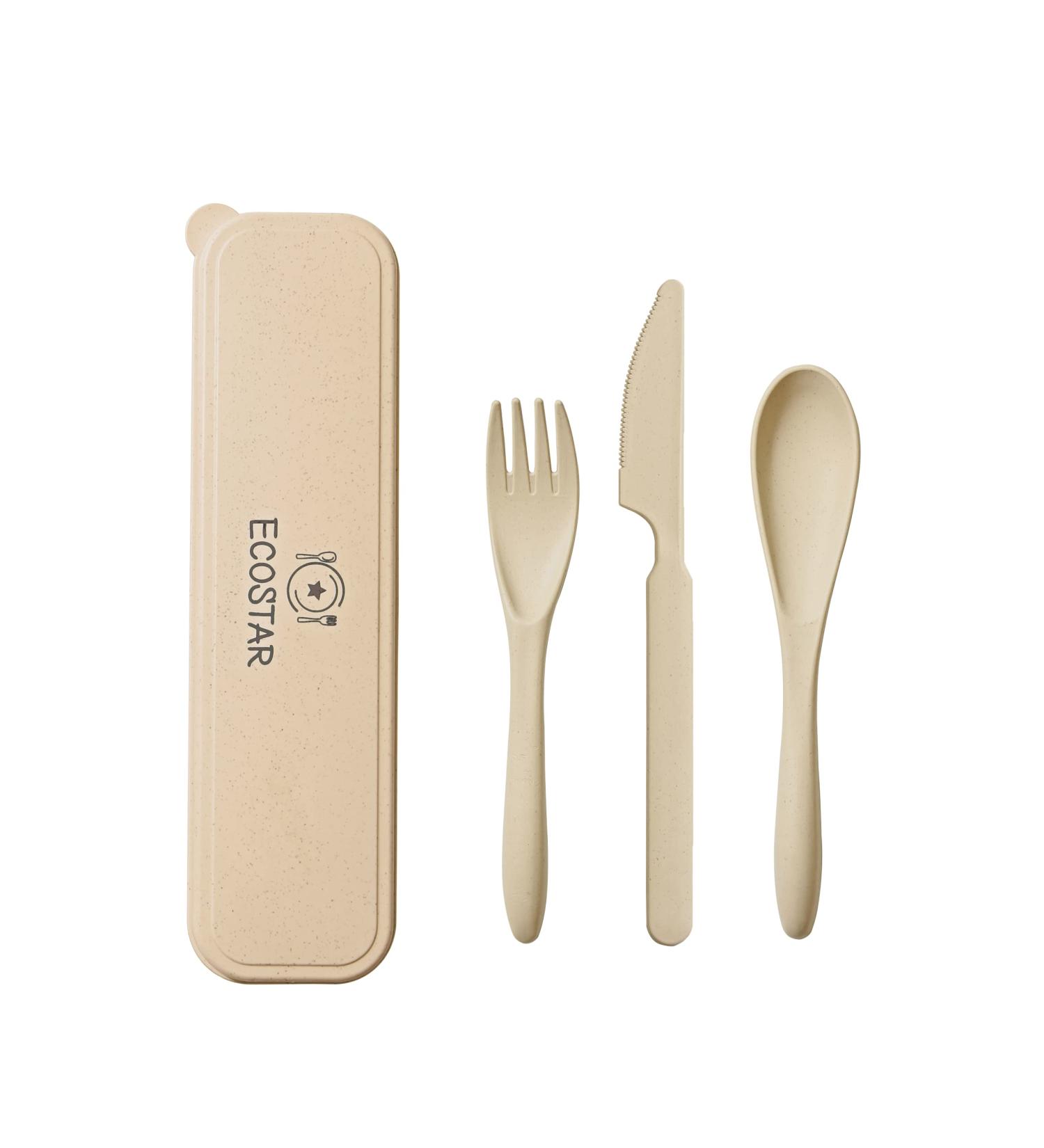 ECOSTAR Reusable Utensils Set with Case - BPA-Free Wheat Straw Cutlery Set for Office, Dorm & On-the-Go - Eco-Friendly Knife, Spoon, Fork (Beige 1) - Buy Online on GoSupps.com