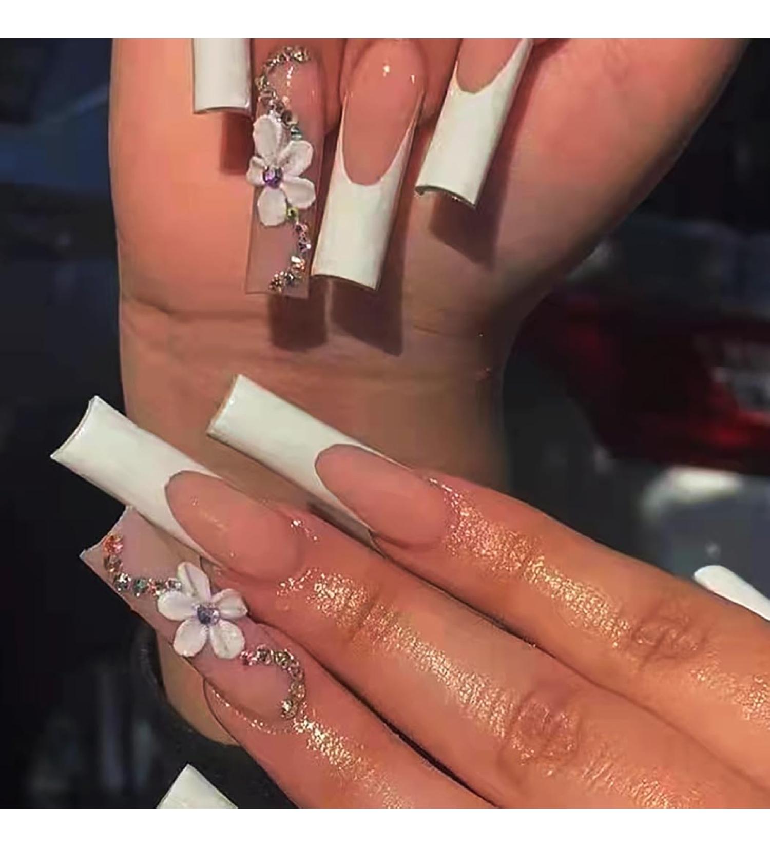 Brishow Pink Artificial Long French Press On Nails with Crystal Flower - 24 Ballerina Acrylic False Nails for Women & Girls - Buy Online on GoSupps.com