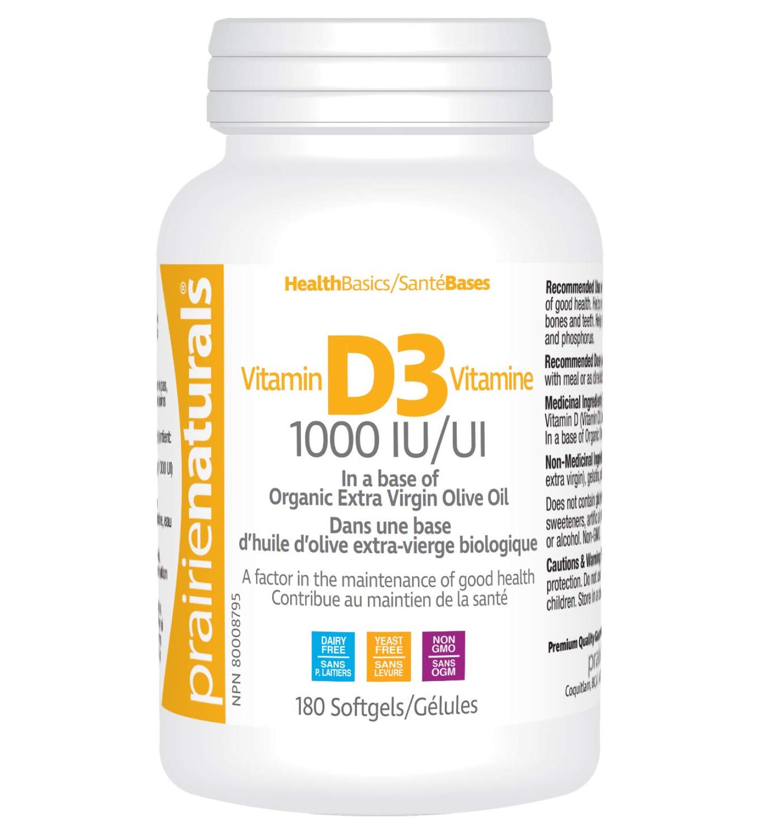 Prairie Naturals Vitamin D3 Cholecalciferol 1 000 IU in Organic Extra-Virgin Olive Oil Softgel - 180 Count 180 count (Pack of 1) - Buy Online on GoSupps.com